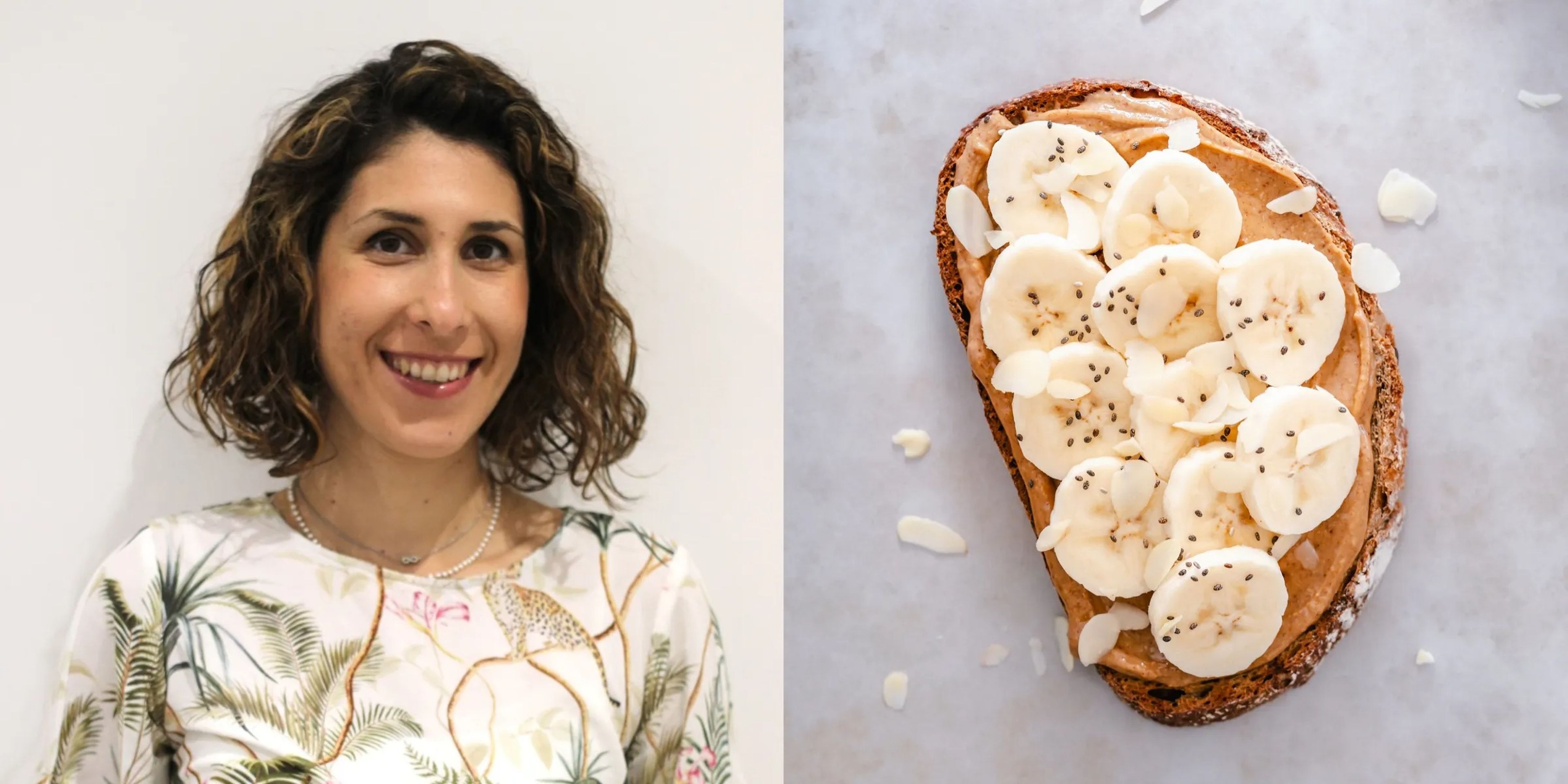 Dietitian Marika Mancino (left) Toast with peanut butter and banana (right).