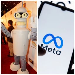 Un disfraz de Bender de Futurama junto al logotipo de Meta.