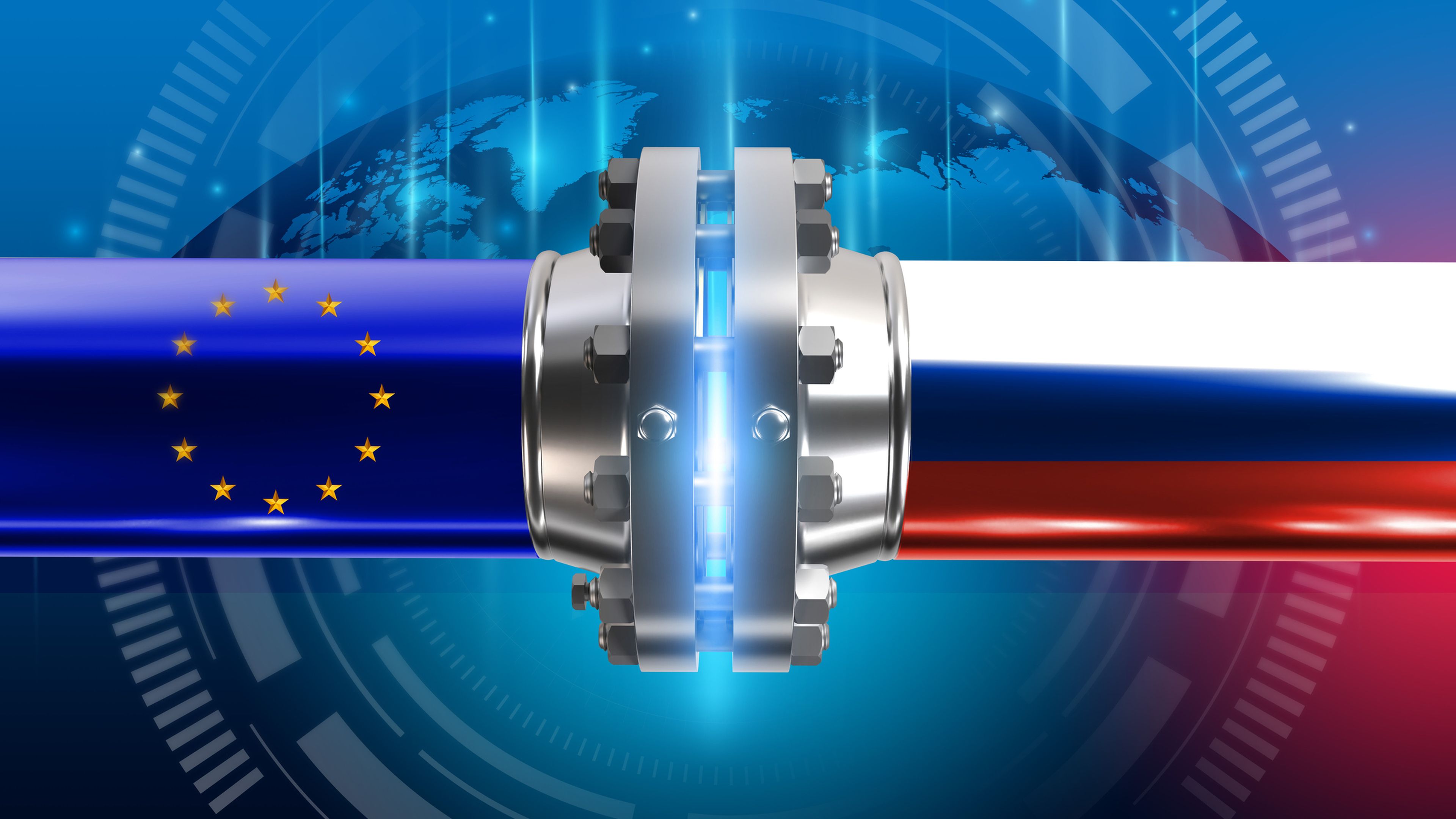 Ilustración con una tubería con la bandera europea que se engancha con otra con la bandera rusa.