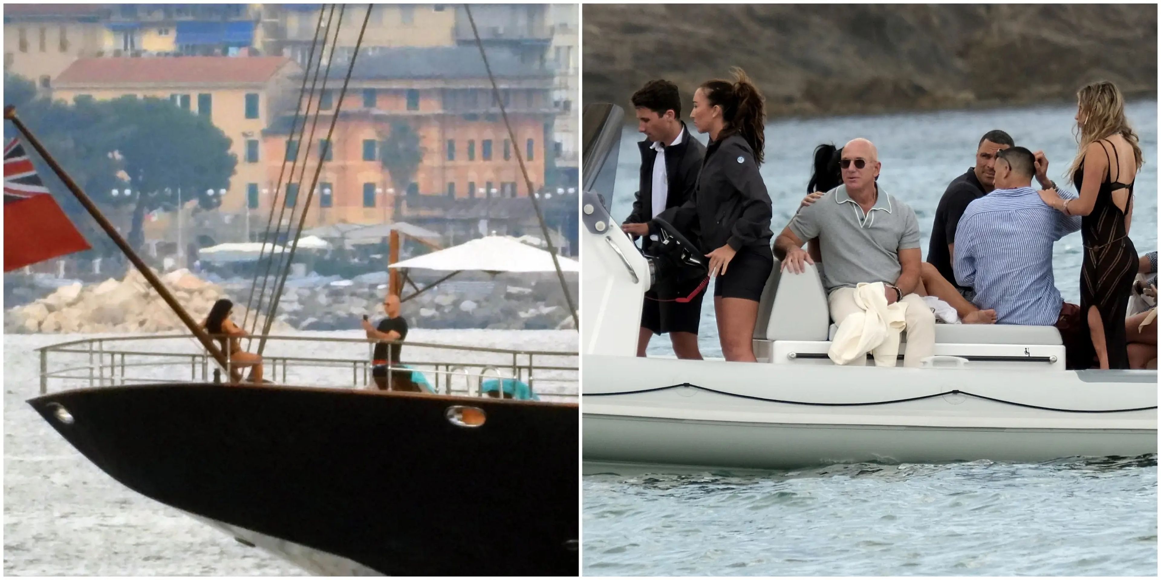 Jeff Bezos y Lauren Sanchez son los reyes de la temporada de yates. Fueron vistos posando en el nuevo megayate de Bezos, Koru, en Portofino (izquierda) y haciendo una parada en Ibiza.