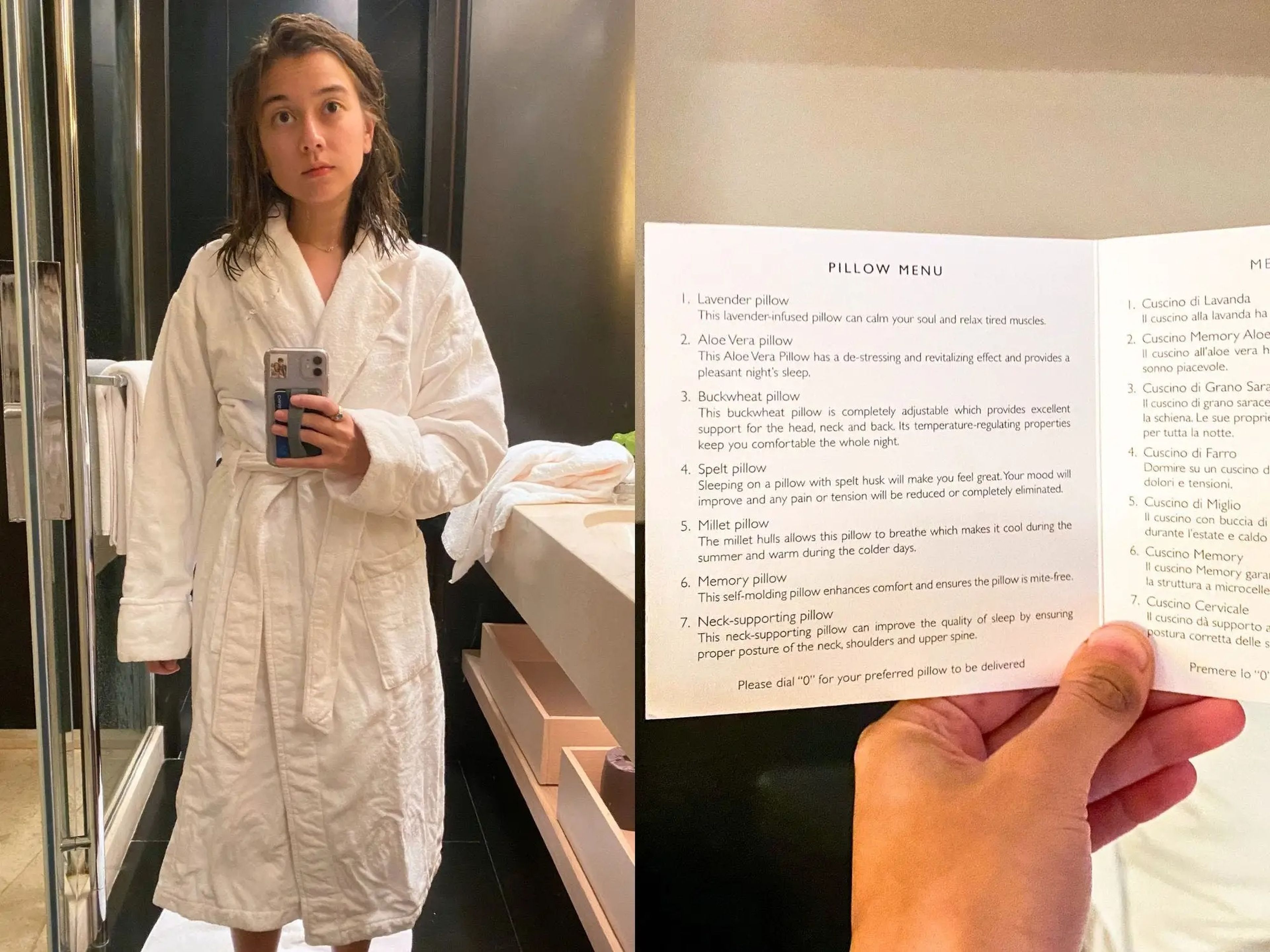 Left: The author in a bathroom in a white robe takes a full-length selfie in front of the mirror. Right: The author's hand holds a pillow menu on a white card.