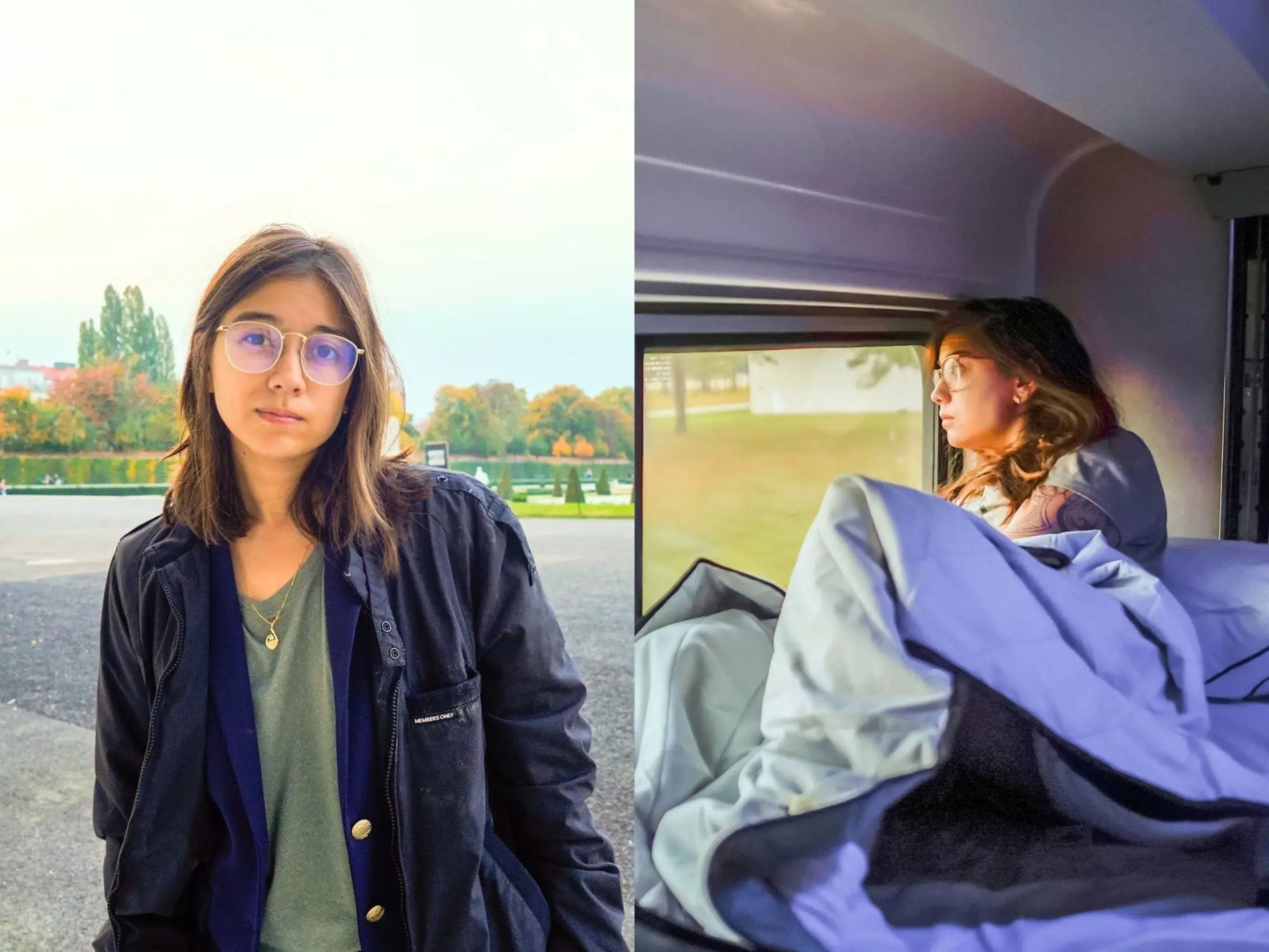Left: The author in a gray shirt and a black jacket in front of a road with trees in the background on a cloudy day. Right: The author lays in a train bunk with a blanket over her while she looks out the window to the left.