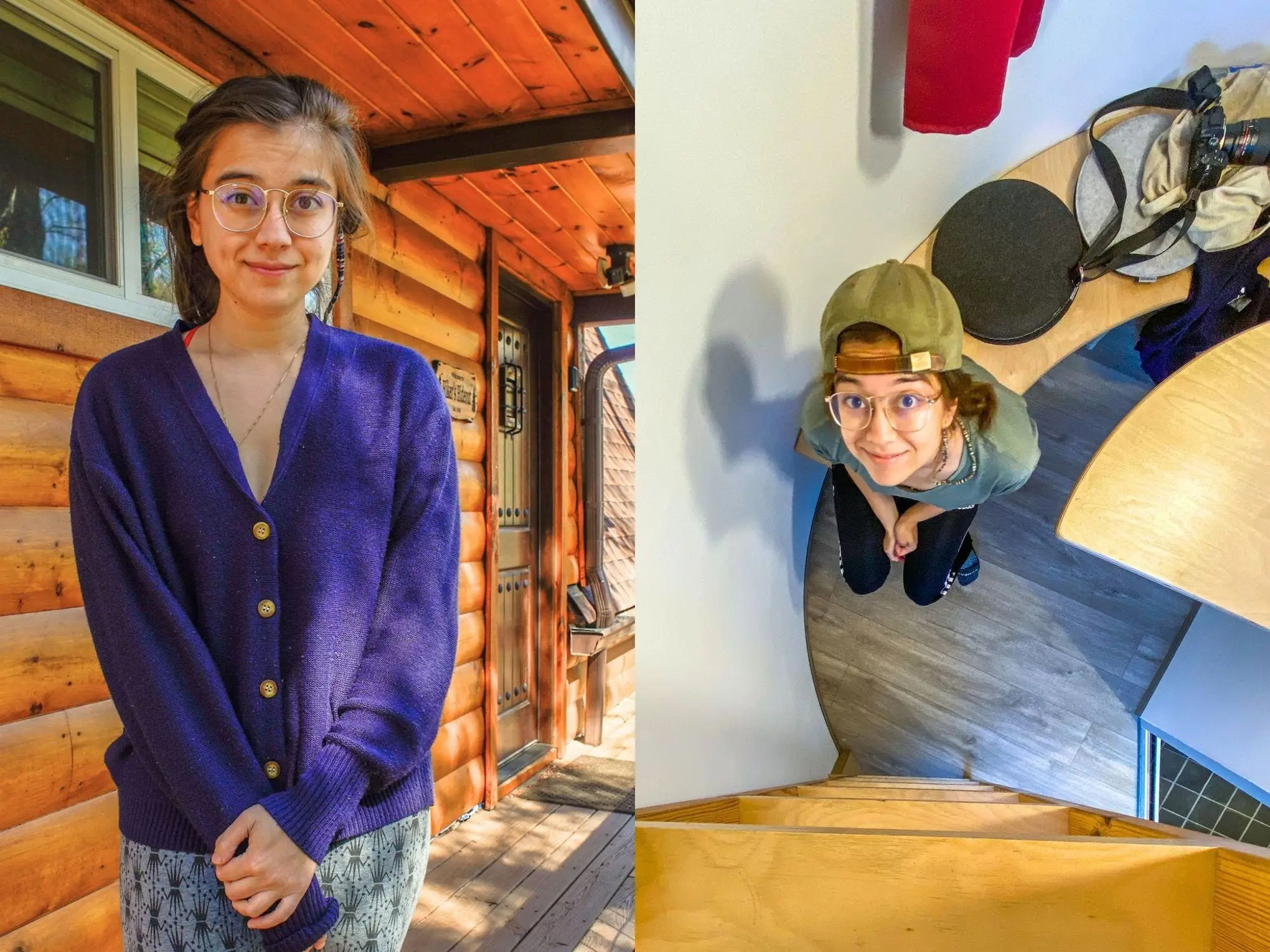 Left: The author in a navy sweater stands in front of a brown, wooden cabin. Right: The author looks up at a camera while sitting inside a tiny Airbnb with gray wood floors.
