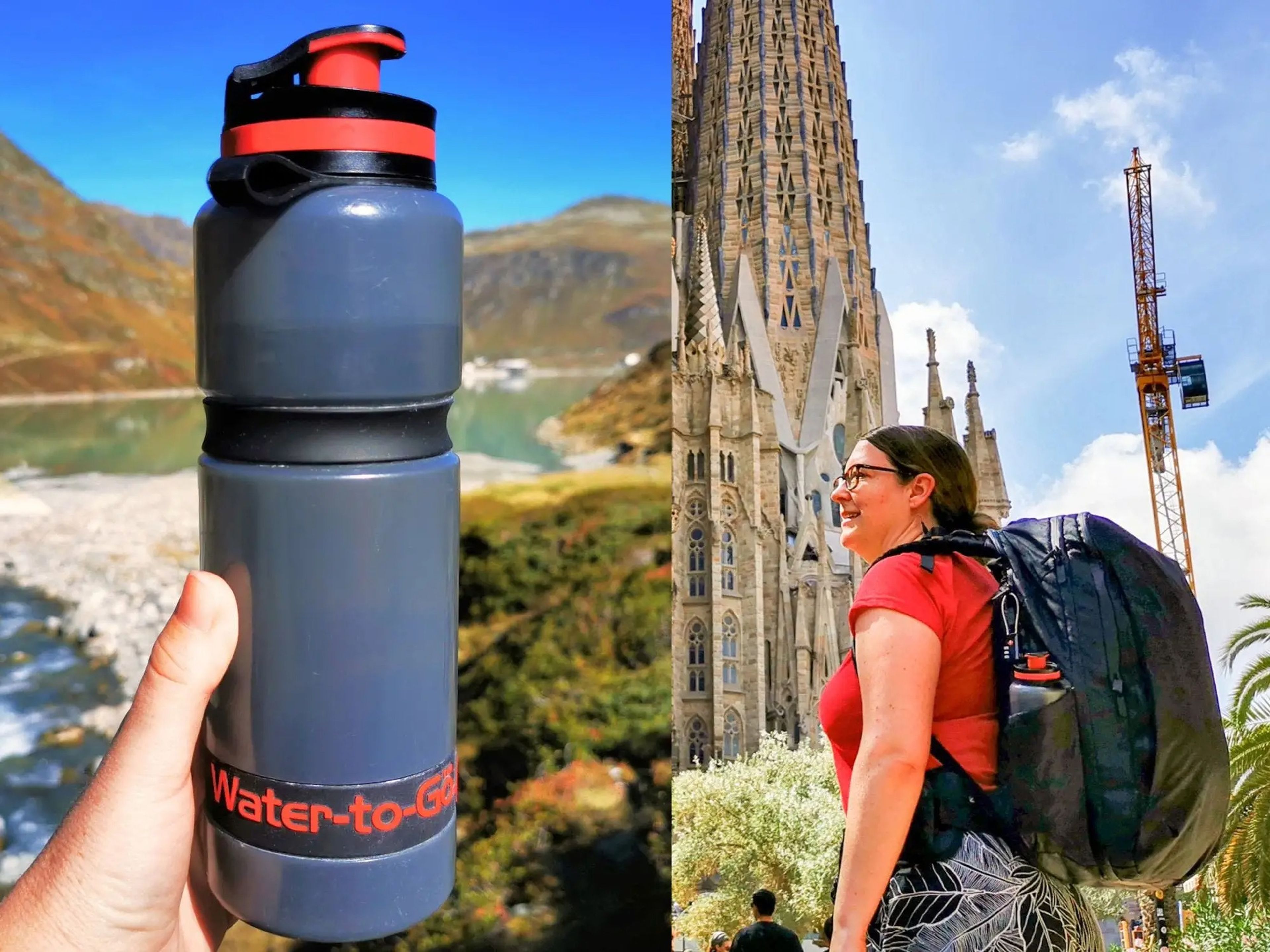 Left: A hand holds a gray and red water bottle in front of a mountain basin with blue skies in the background. Right: A woman carries a backpack with trees on either side of her and a renaissance building behind her.