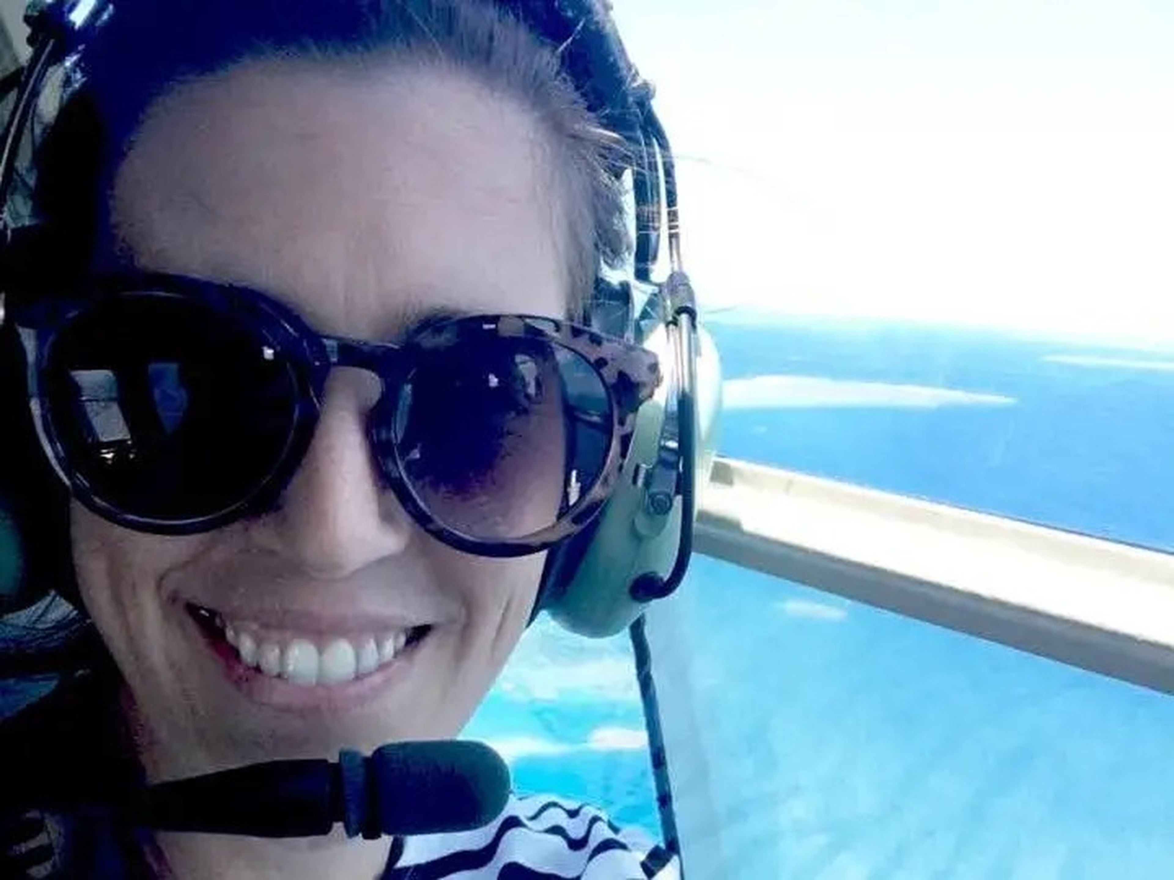 Michelle Gross on a helicopter as she makes her way from Port Douglas to the Great Barrier Reef in Australia.