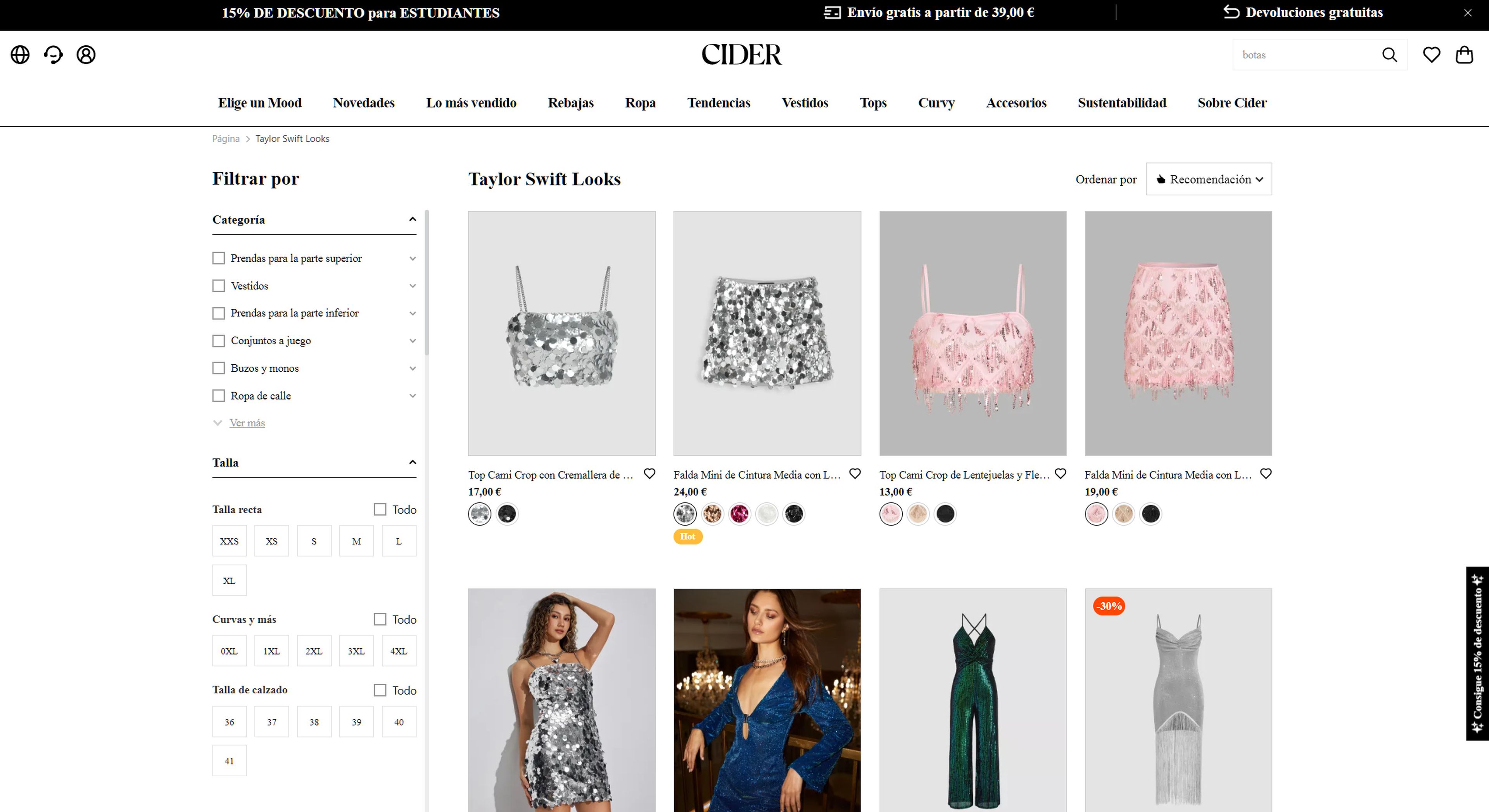 Una página de la web de Cider anuncia prendas que se parecen a las que ha llevado Taylor Swift.