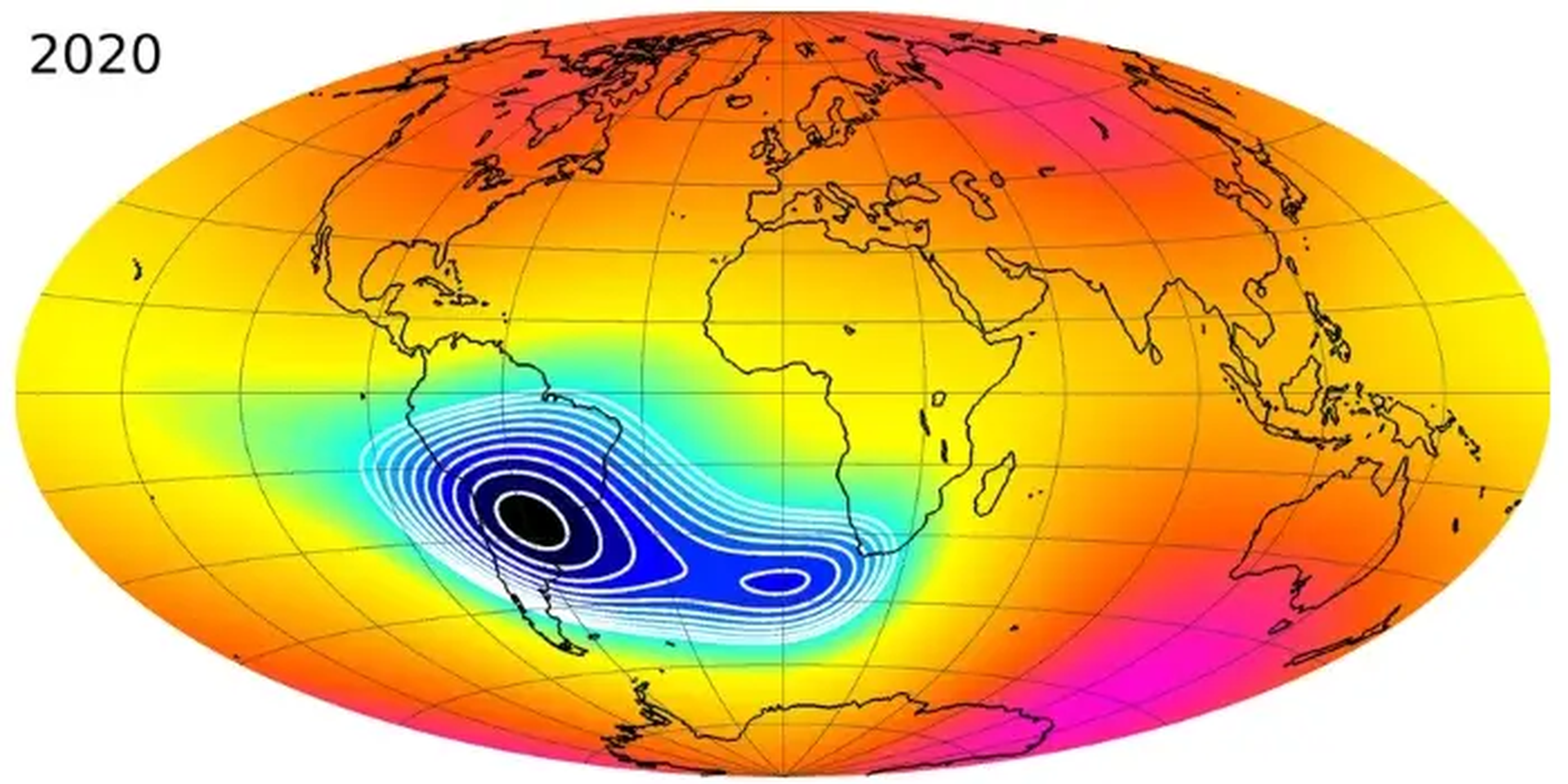 Intensidad del campo magnético terrestre en 2020, medida por los satélites SWARM de la Agencia Espacial Europea. En azul se destaca la zona más débil del campo magnético.