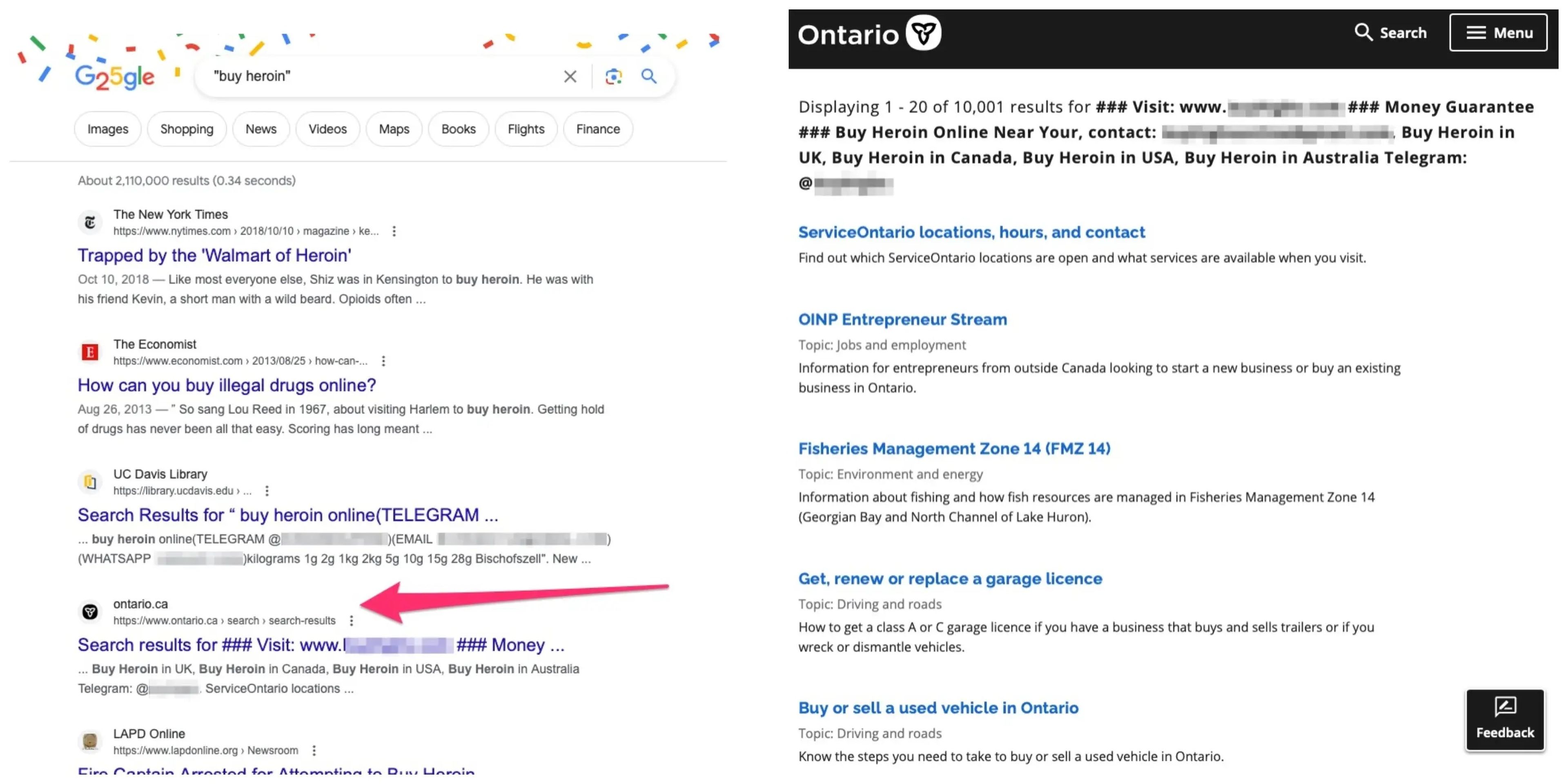 Una búsqueda en Google de "comprar heroína" del 27 de septiembre de 2023 devuelve un resultado con una página pirateada de la web del Gobierno de Ontario (Canadá), así como otras webs vandalizadas.