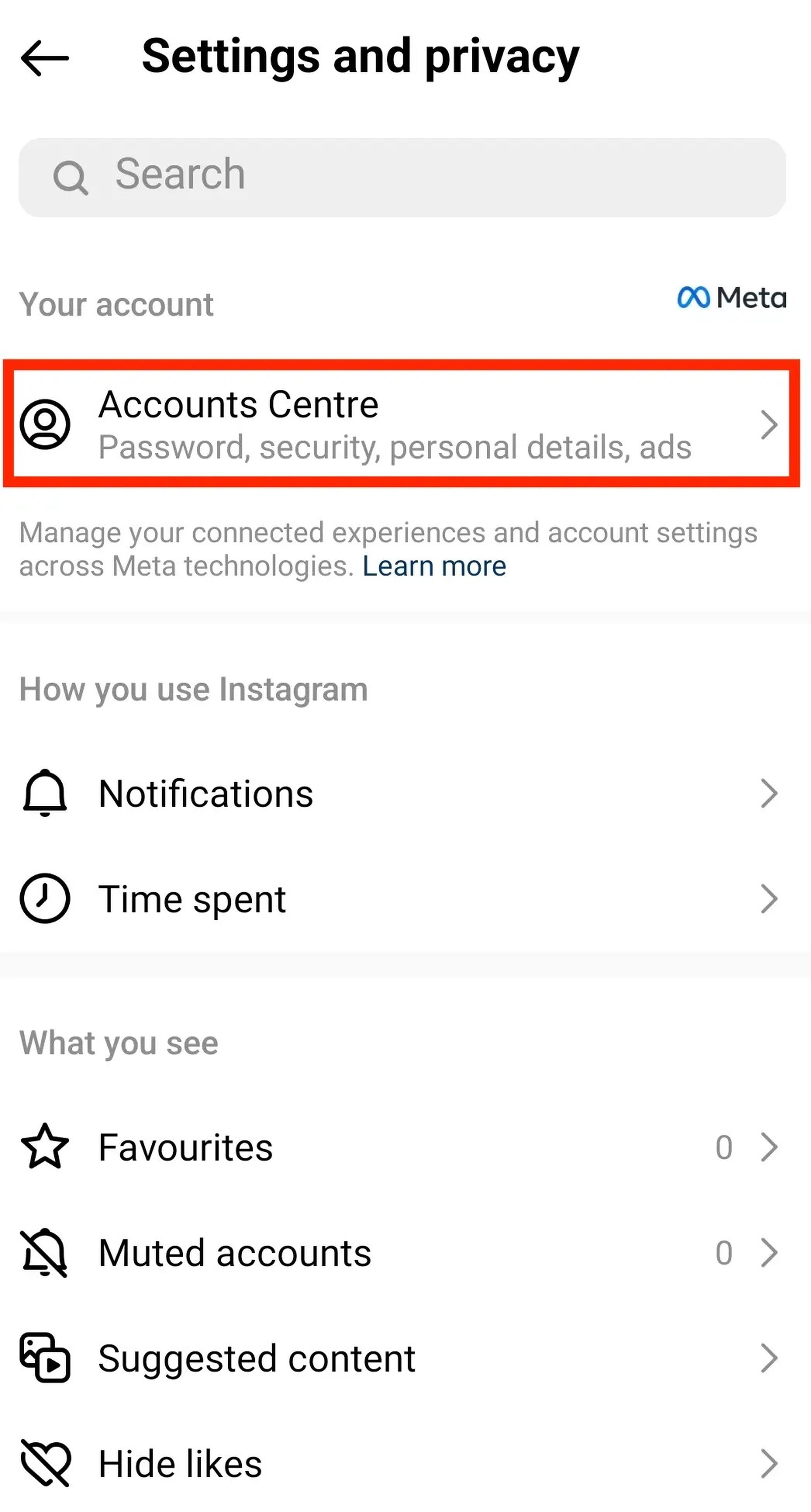 A screenshot of the Instagram settings page