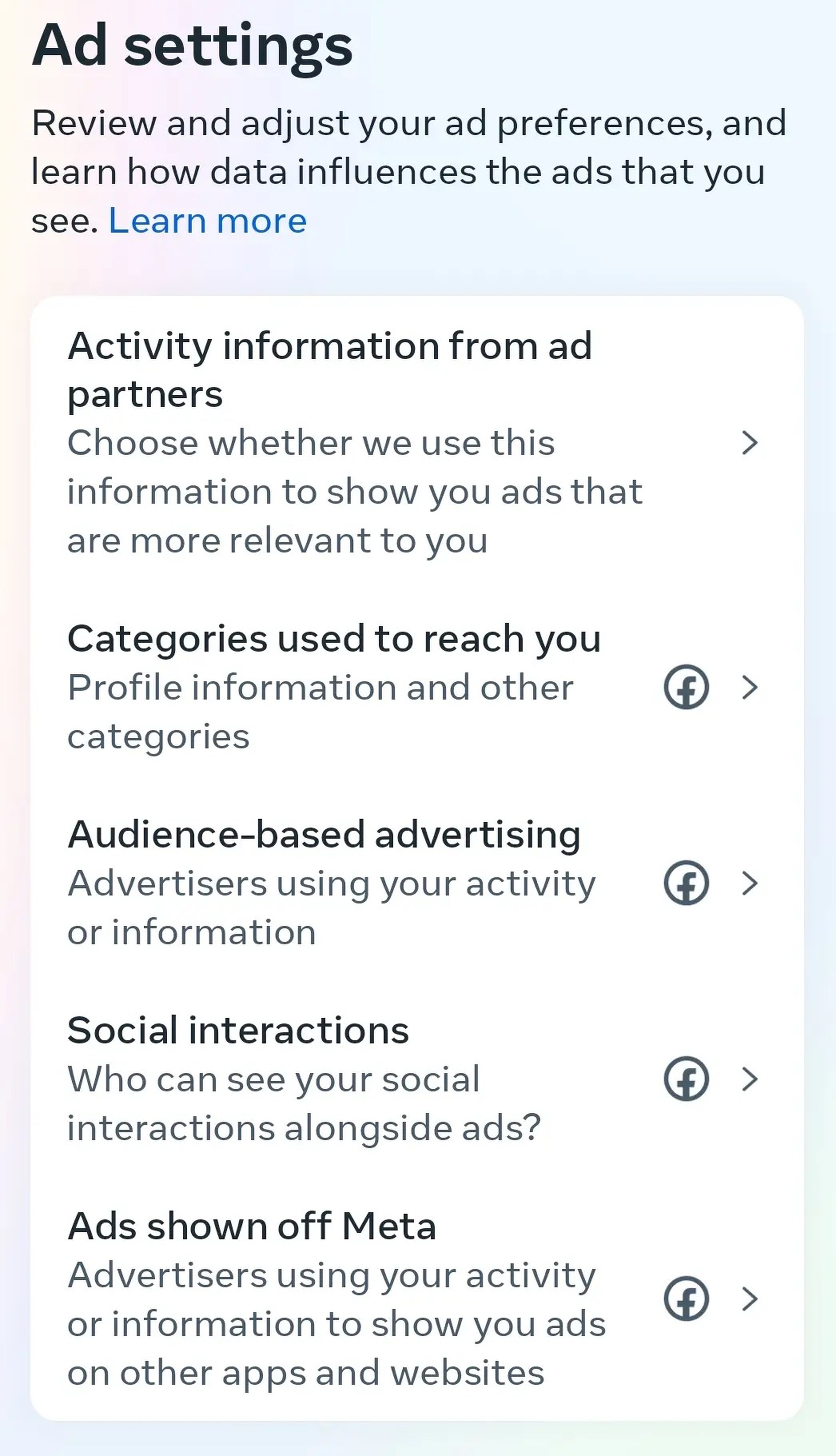 A screenshot of the Meta Accounts Centre ad preferences page on Instagram