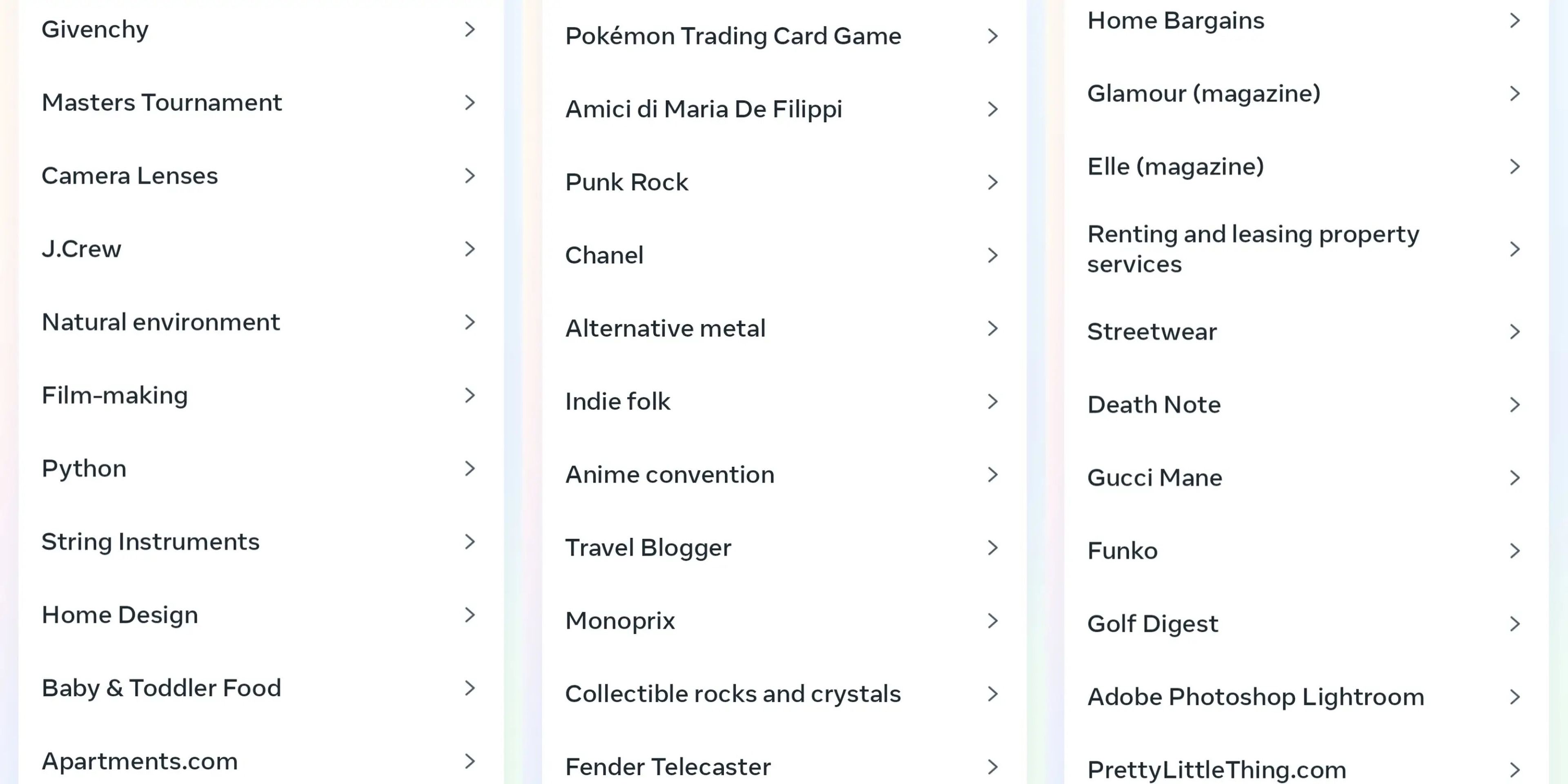 Three screenshots of lists of ad topics from Meta's ad center