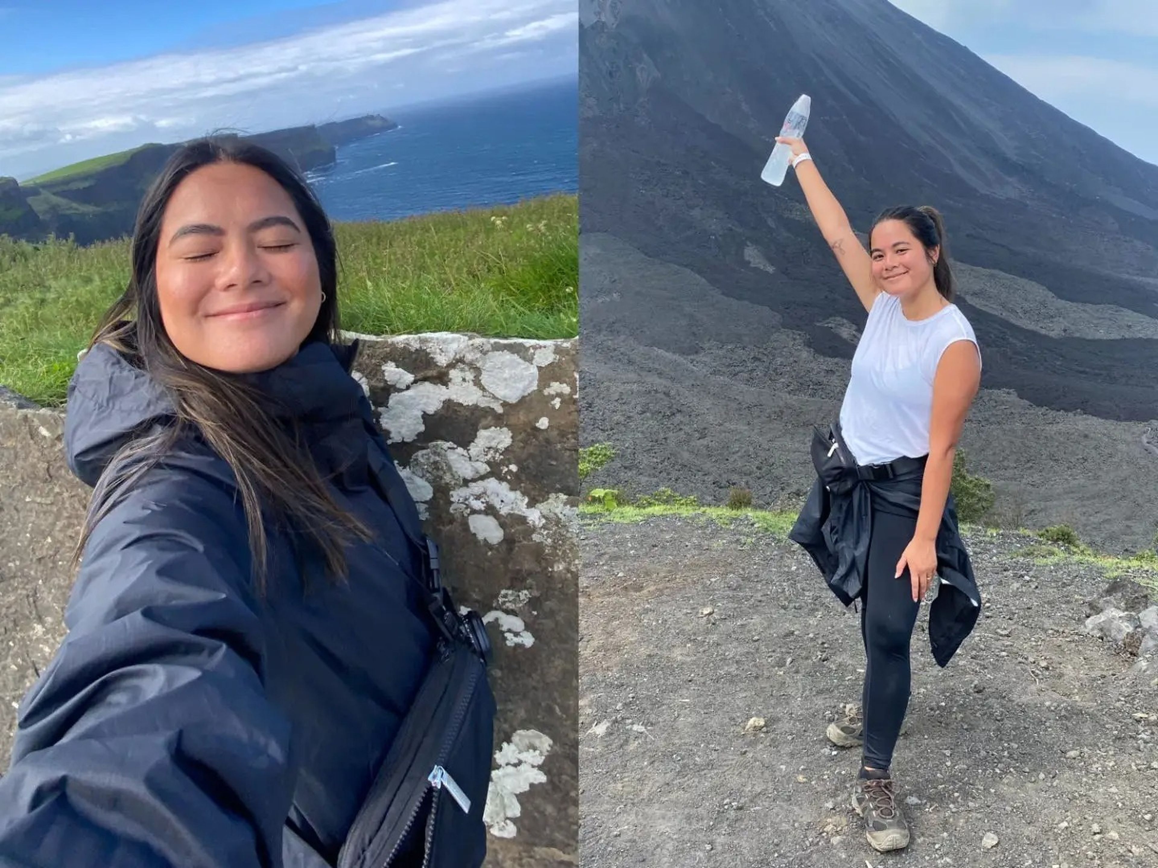 Two photos of the author traveling. On the left, she is taking a selfie at the Cliffs of Moher in Ireland. On the right, she is posing while hiking a volcano in Guatemala.