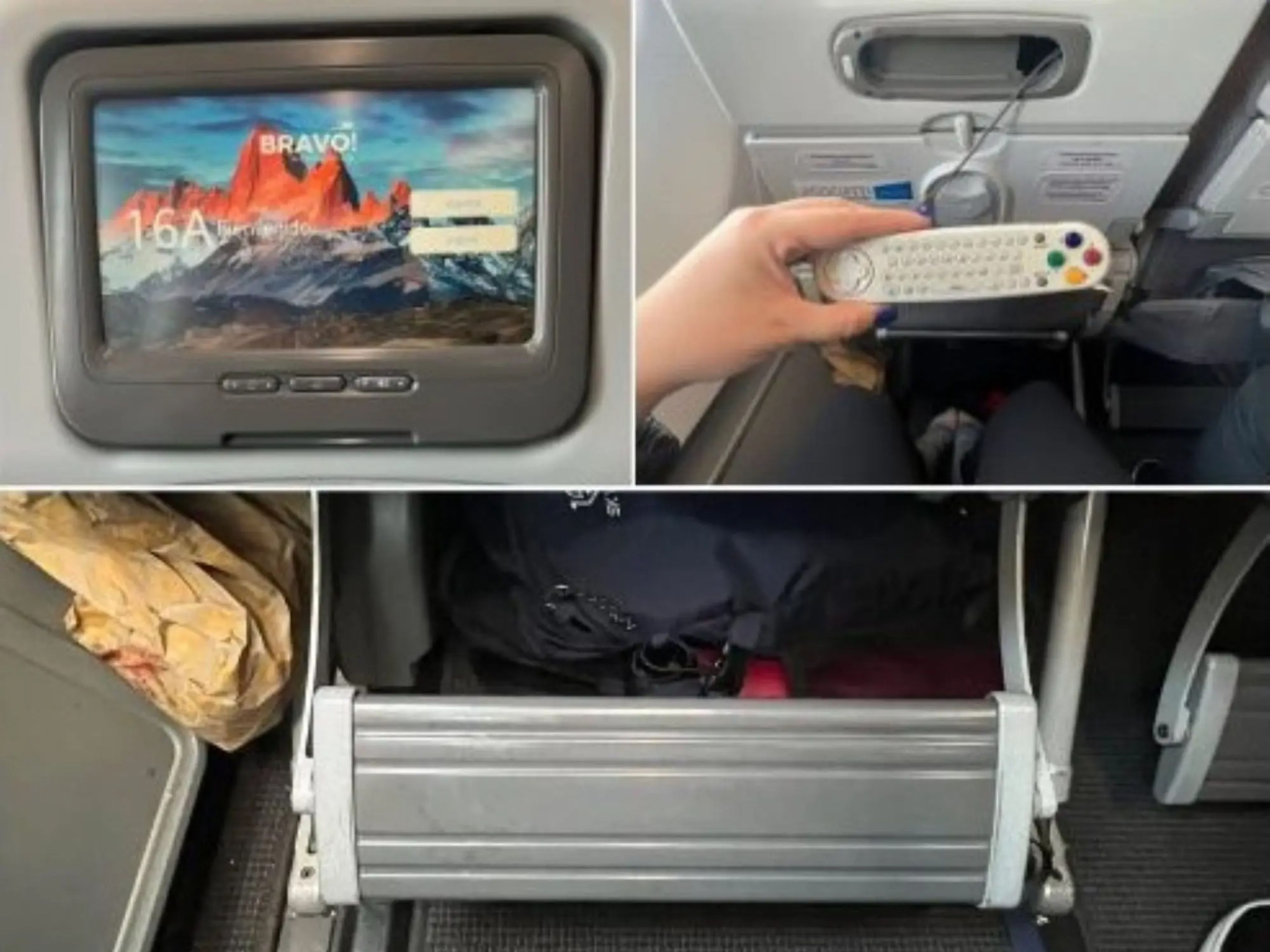 The amenities on Aerolineas including the TV, remote, and footrest.