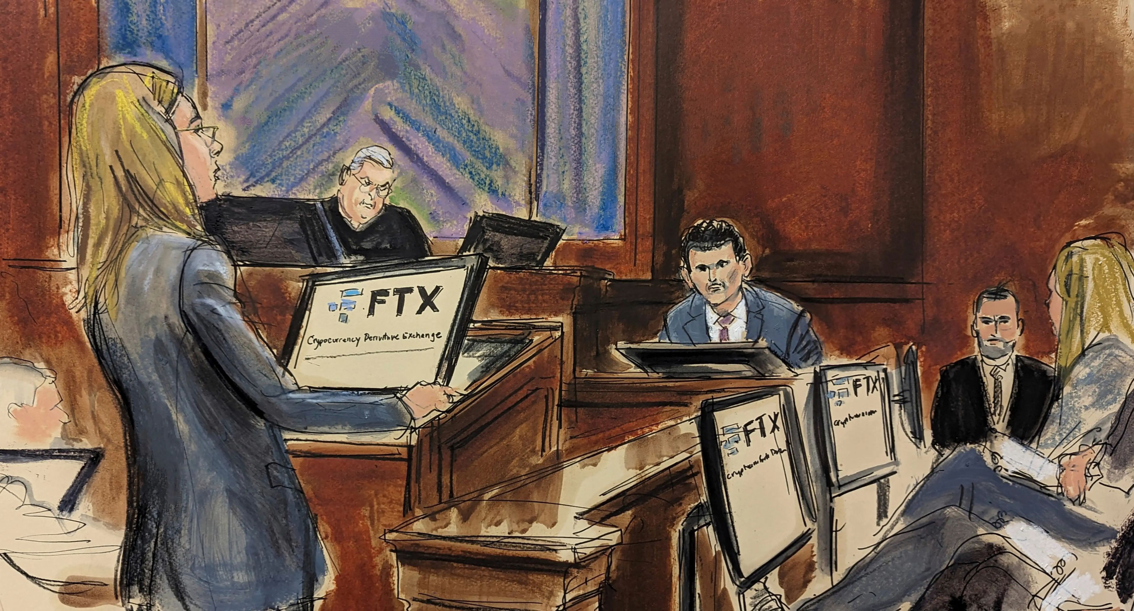 En este boceto de la sala del tribunal, el fundador de FTX, Sam Bankman-Fried, al fondo en el centro, es interrogado por la fiscal federal adjunta Danielle Sassoon.