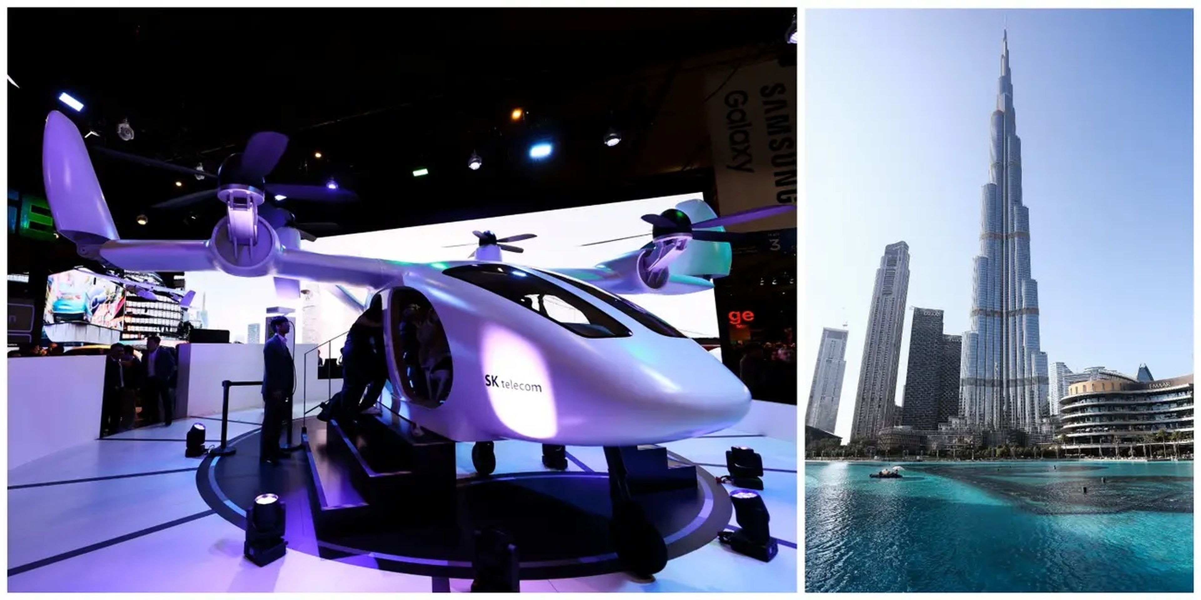 Una experiencia de realidad virtual inmersiva de un avión Urban Air Mobility de Joby Aviation y una vista del Burj Khalifa en Dubái.