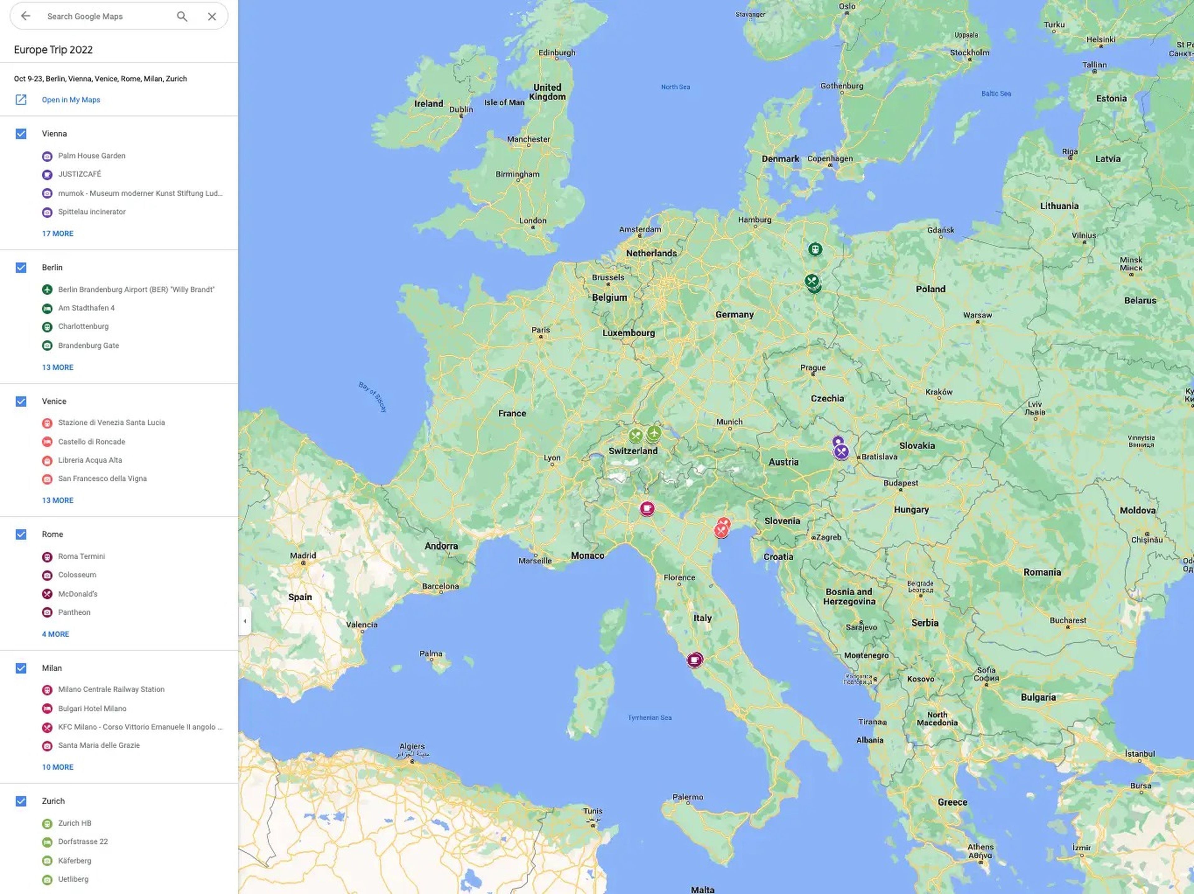 Mapa detallado de un viaje de dos semanas por Europa.