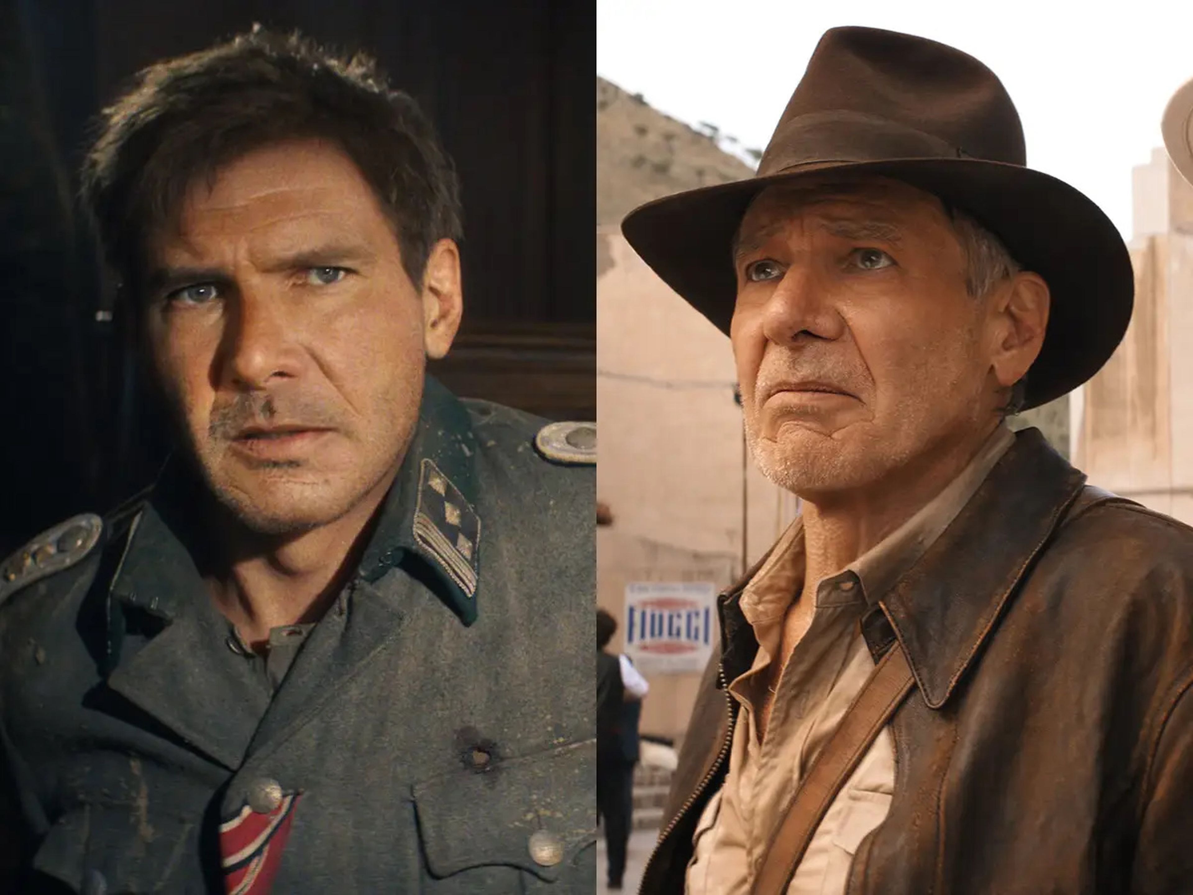 Harrison Ford en "Indiana Jones y el dial del destino": a la izquierda, aparece como una versión más joven de Indy con la ayuda de la tecnología de IA de Industrial Light & Magic. 