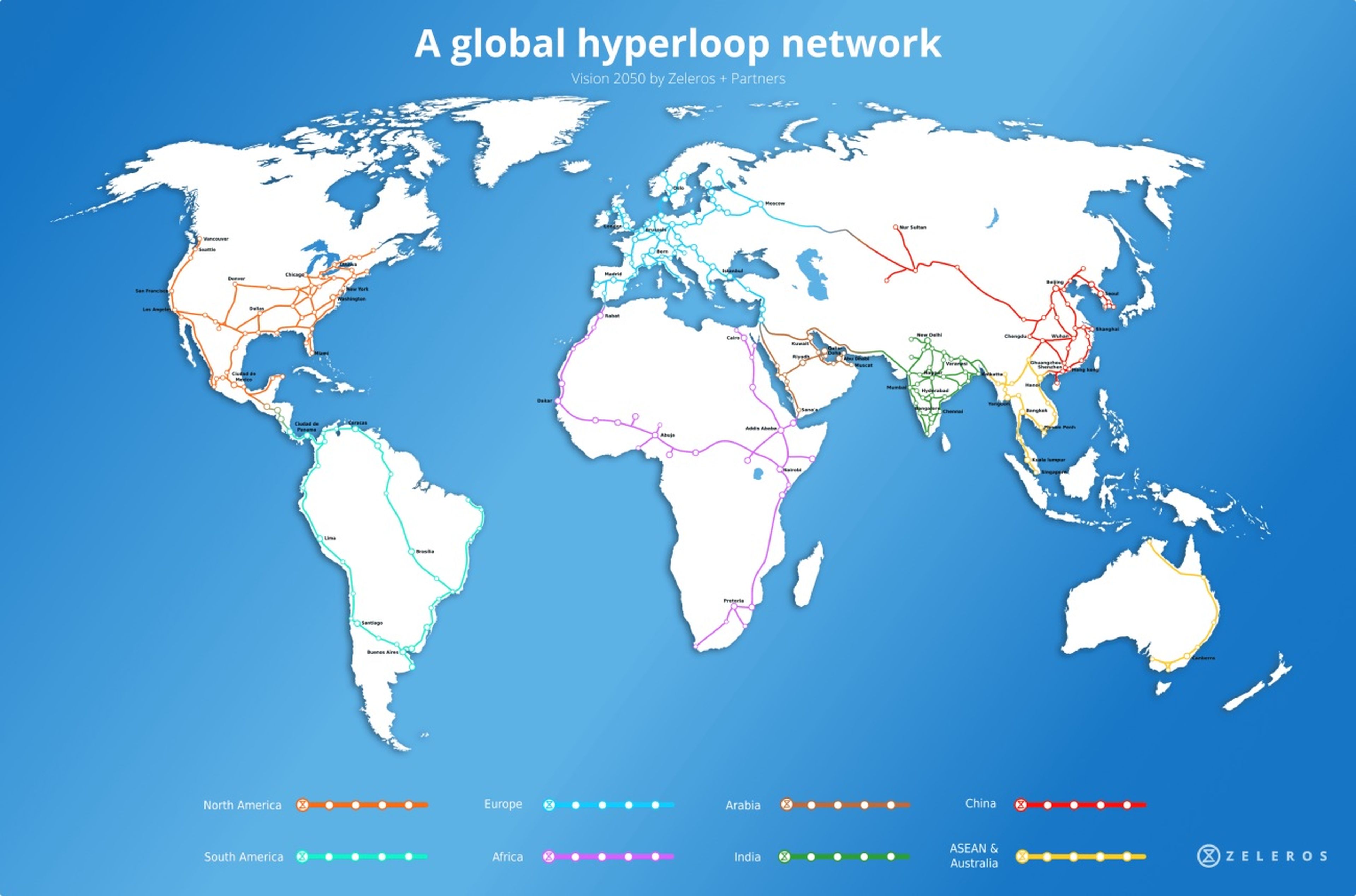 El hipotético mapa mundial de hyperloop elaborado por Zeleros.