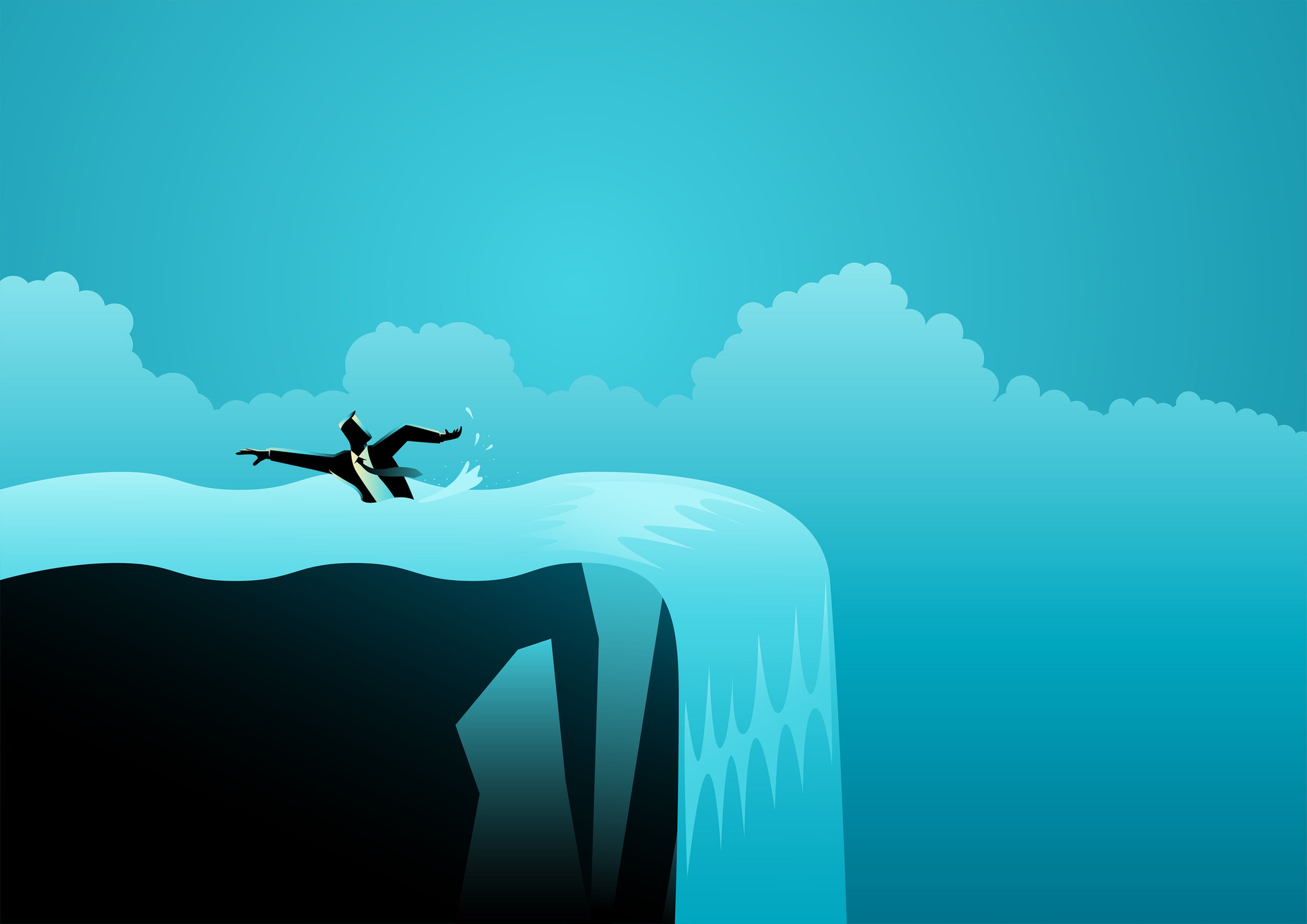 Hombre de negocios nadando contra la corriente, evitando el borde de la cascada