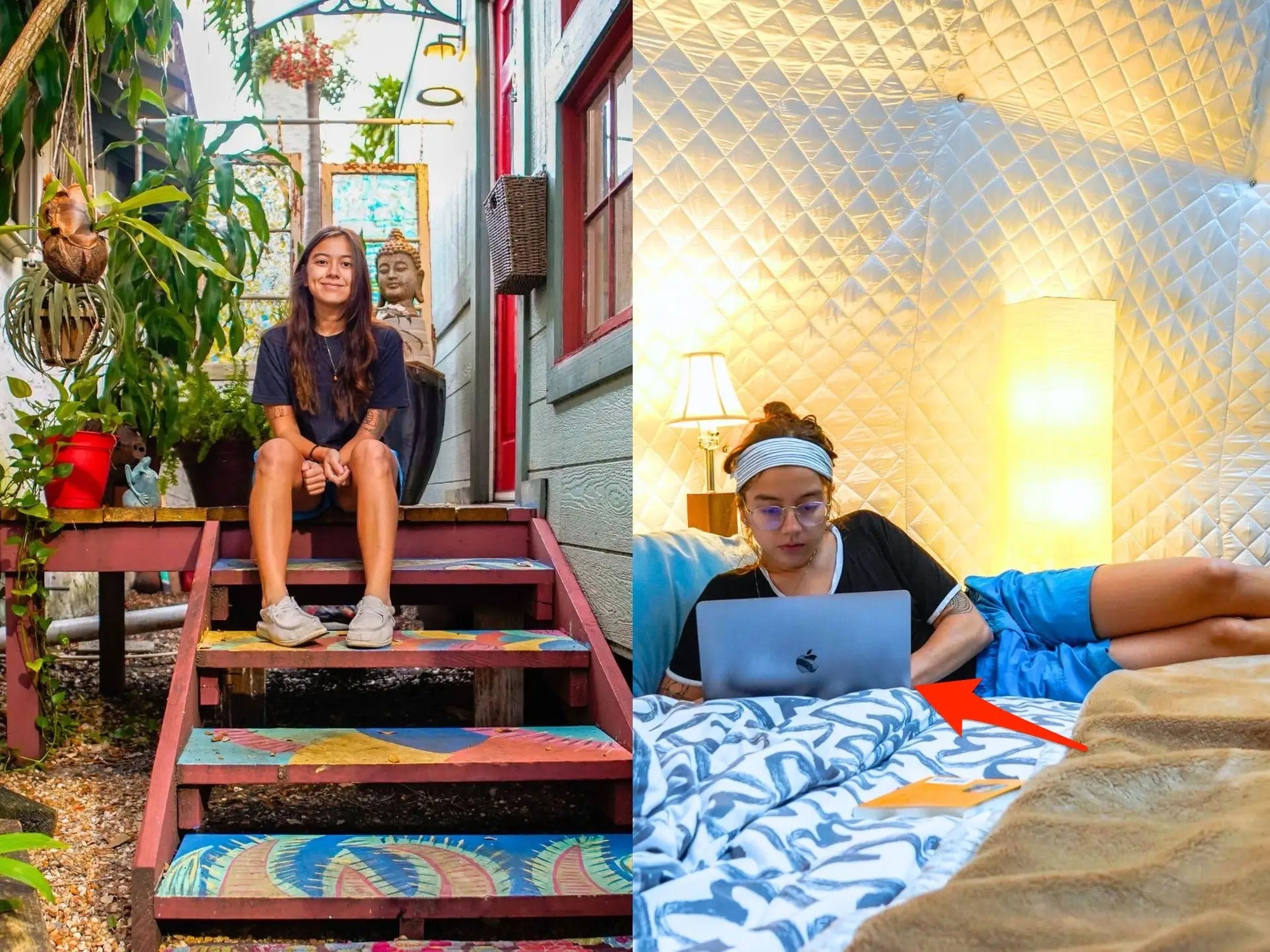 Left: The author sits on a colorful porch with a tiny home on the right and lush greenery on the left. Right: The author lays on a bed with her laptop inside a white dome with two lamps behind her. There's a red arrow pointing to her laptop r