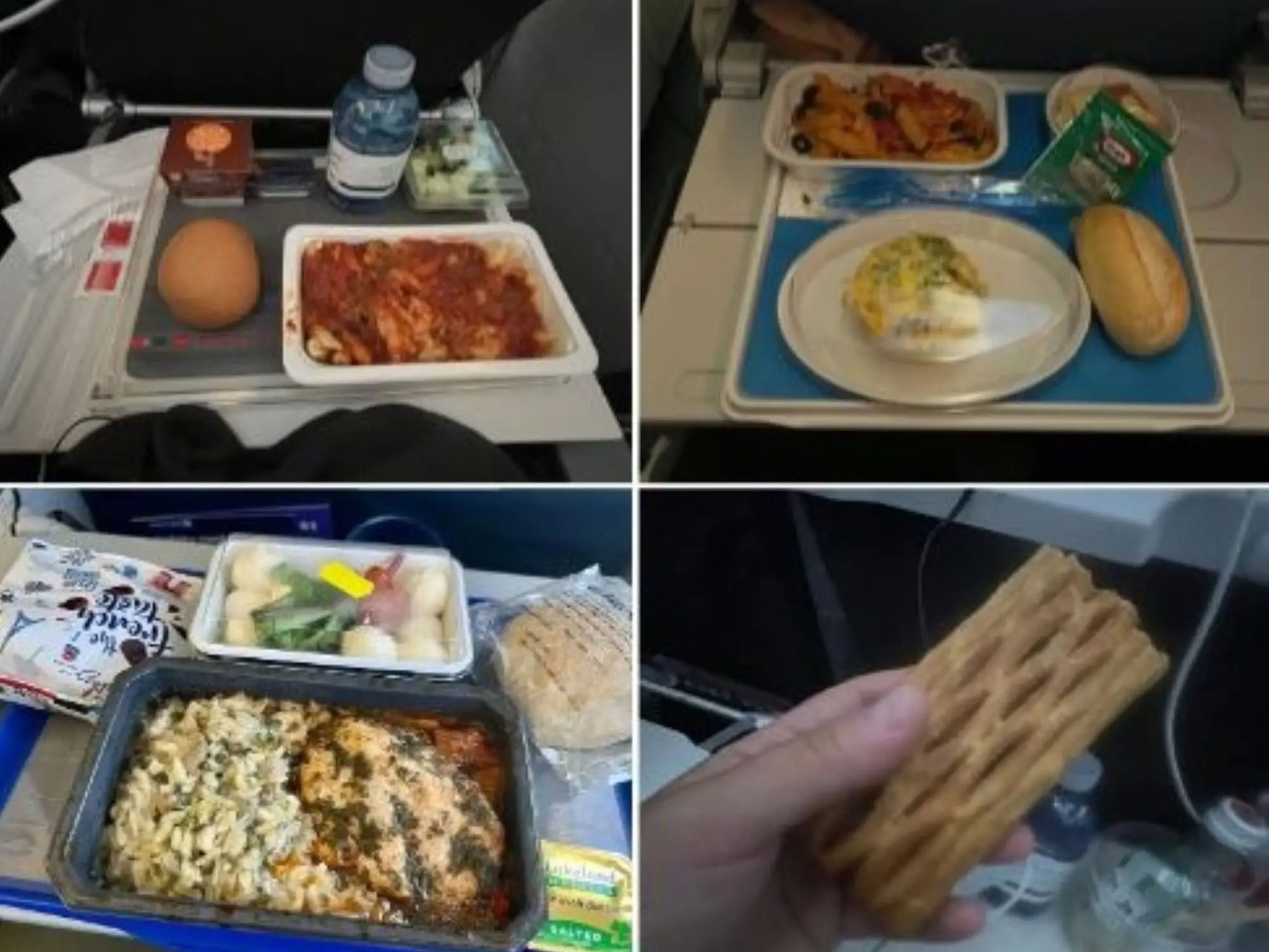 La comida poco sabrosa de Air Canada (arriba a la izquierda, abajo a la derecha), Aerolíneas Argentinas (arriba a la derecha) y United (abajo a la izquierda).