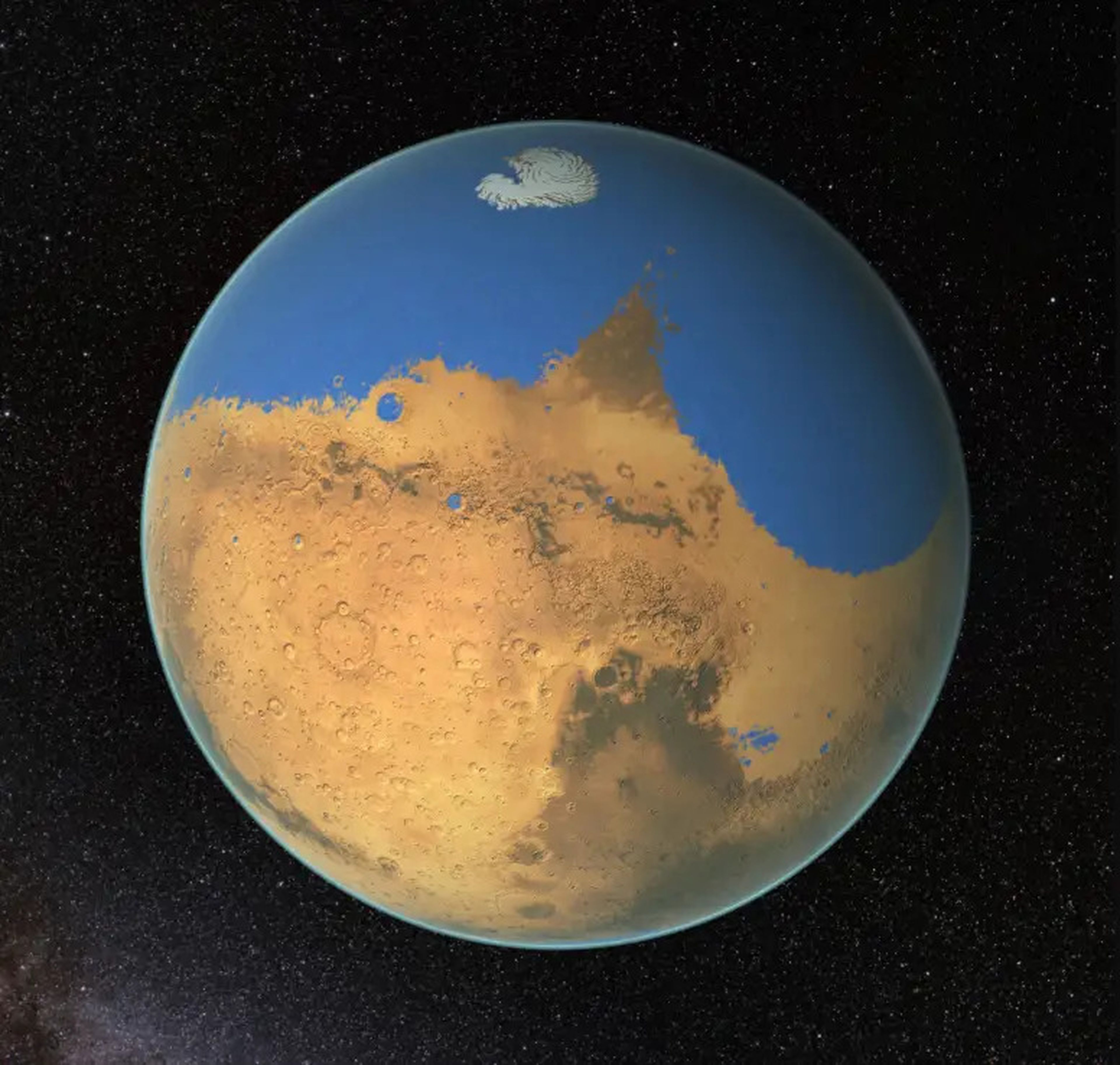 NASA illustration of ancient Mars covered in water.