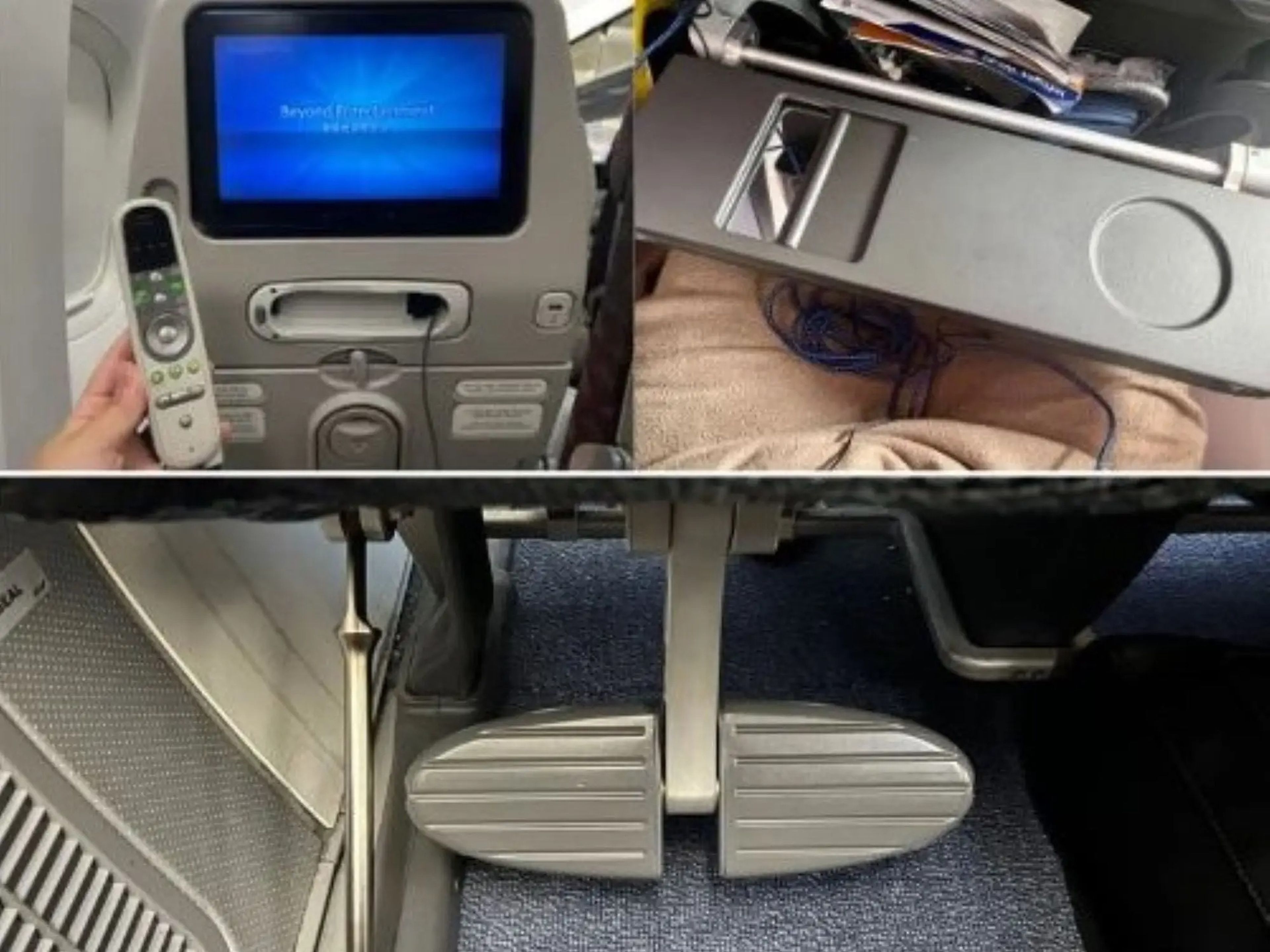 Remote and TV on ANA, mirror in the tray table on Singapore, and footrest on ANA.
