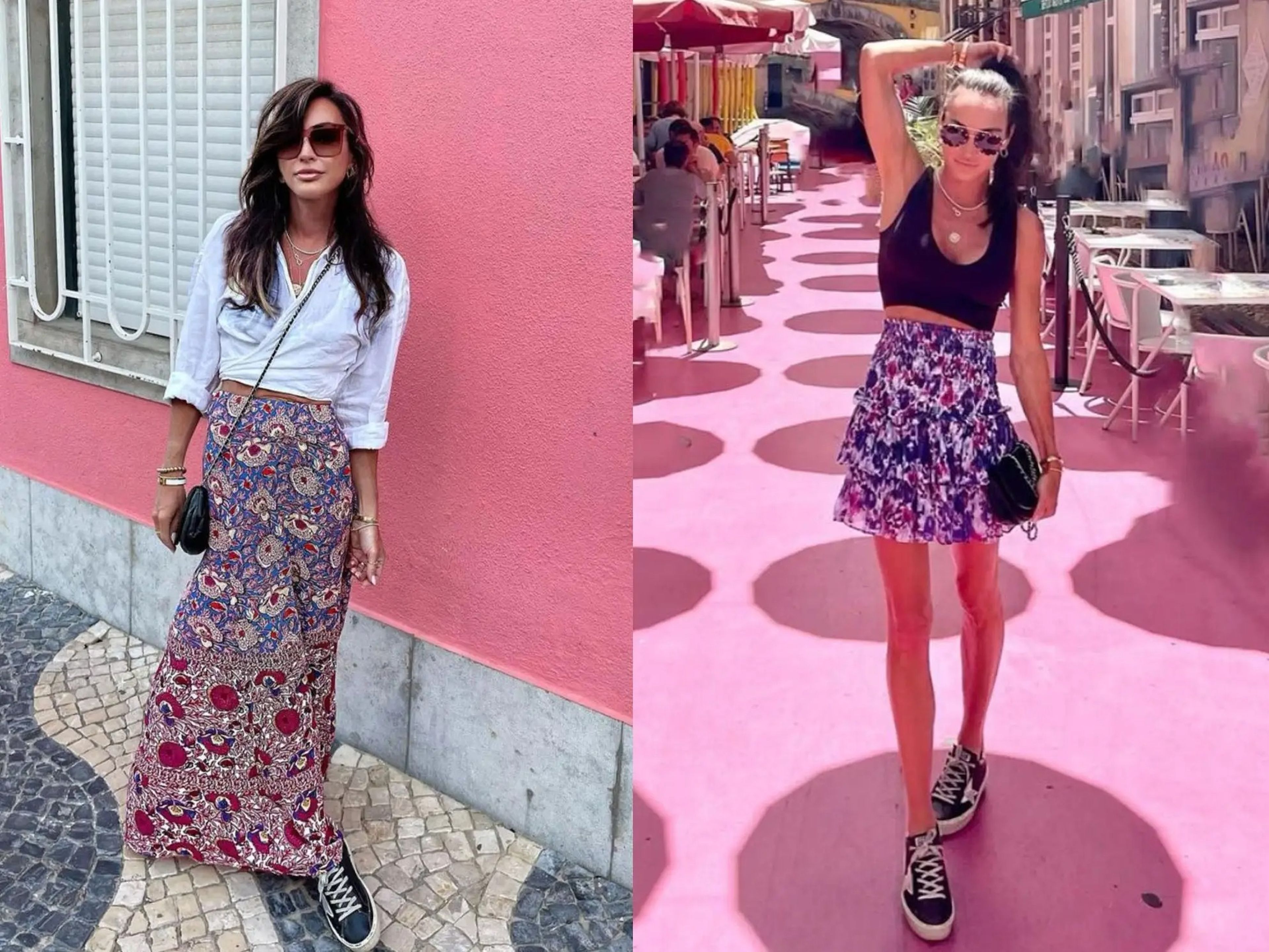 Right: The stylist wears a white shirt, a floral pink skirt, and black shoes outside in front of a pink wall. The stylist wears a short colorful skirt and a black top while standing outside on a pink street with colorful umbrellas hanging above.