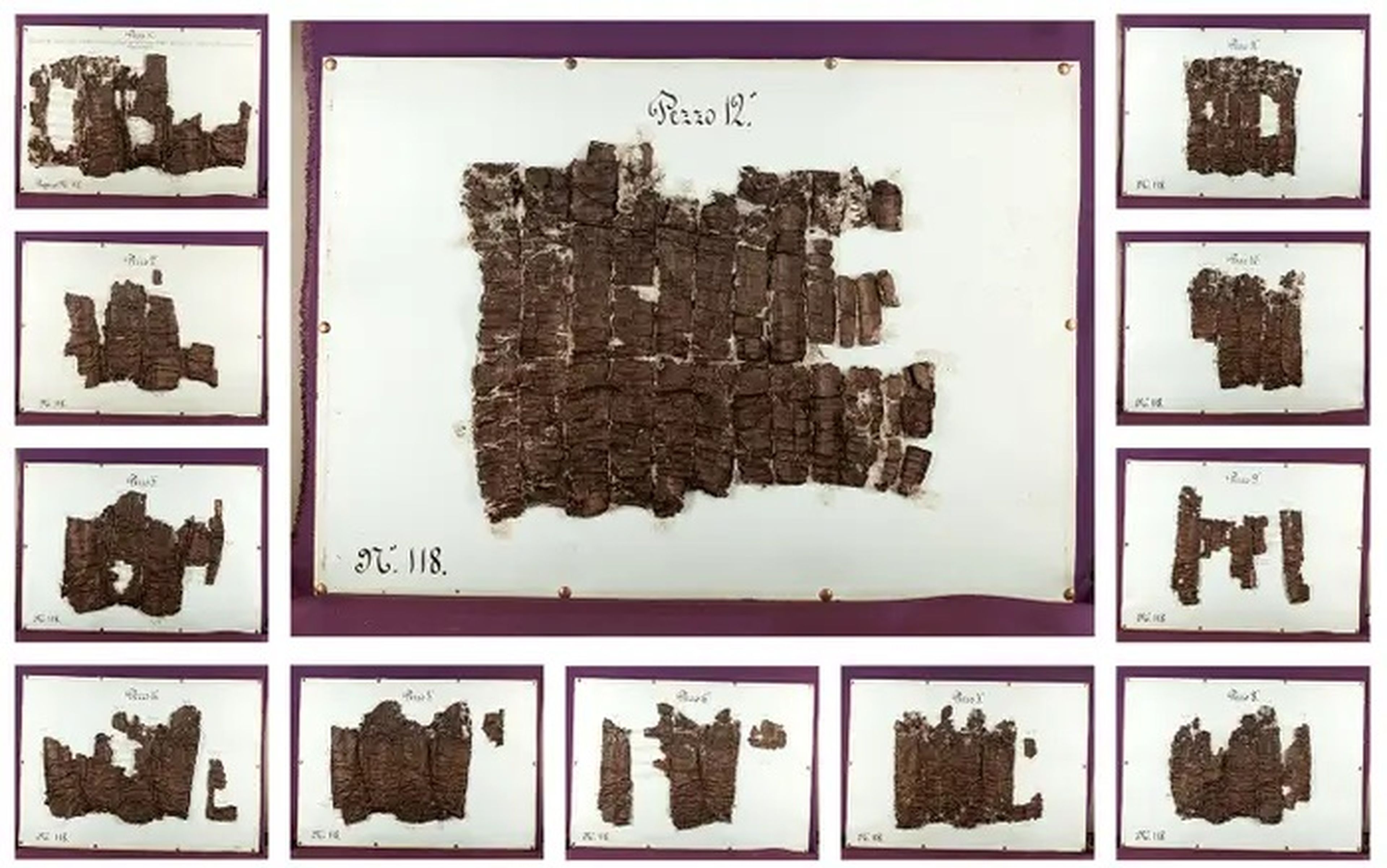 Los 12 pezzi, o "trozos", de un rollo de papiro de Herculano abierto de la Biblioteca Bodleiana de la Universidad de Oxford.