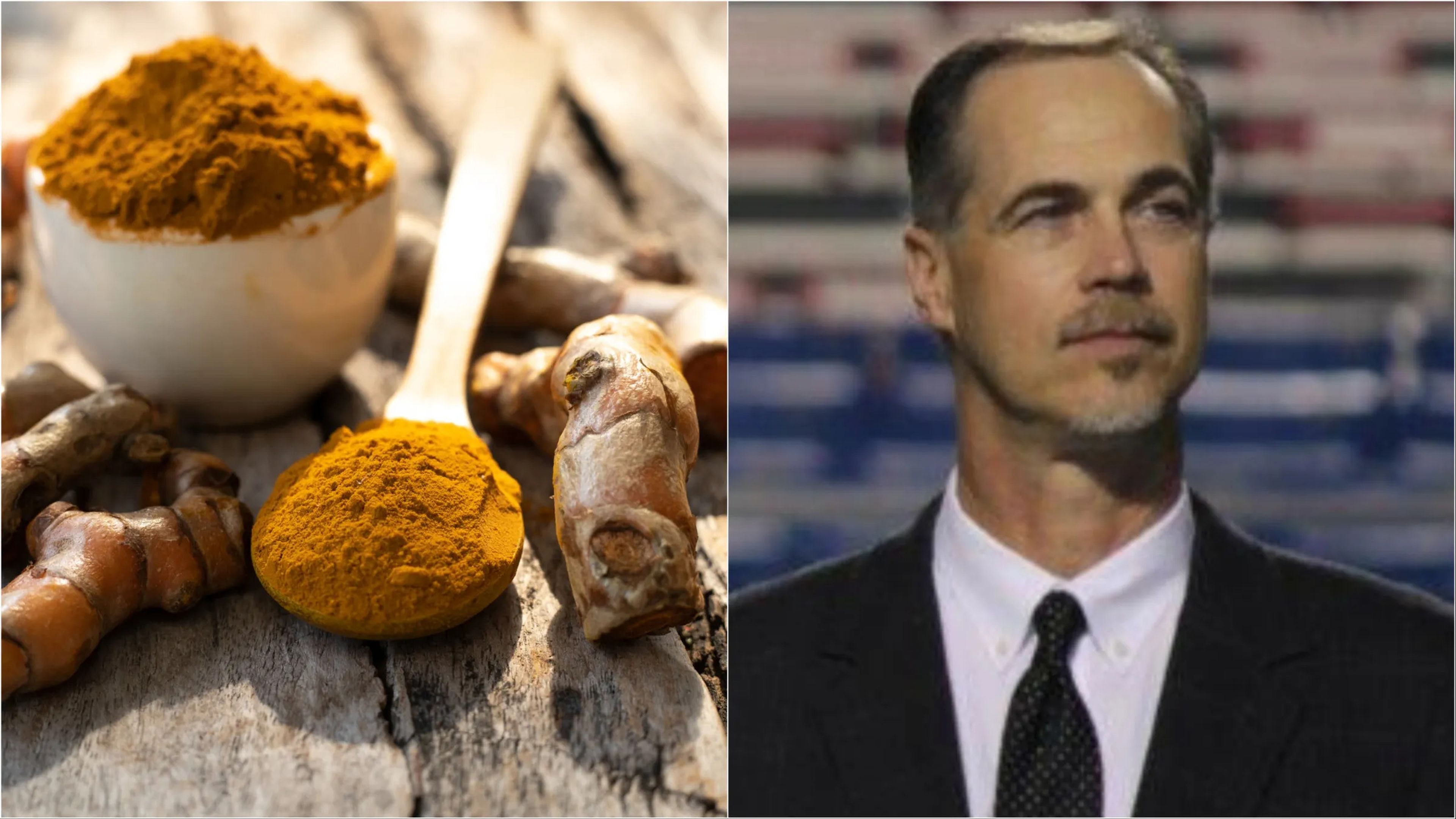 Turmeric powder (left) displayed in a bowl and on a spoon. Dr. Bill Gurley (right) wears a suit and tie. 
