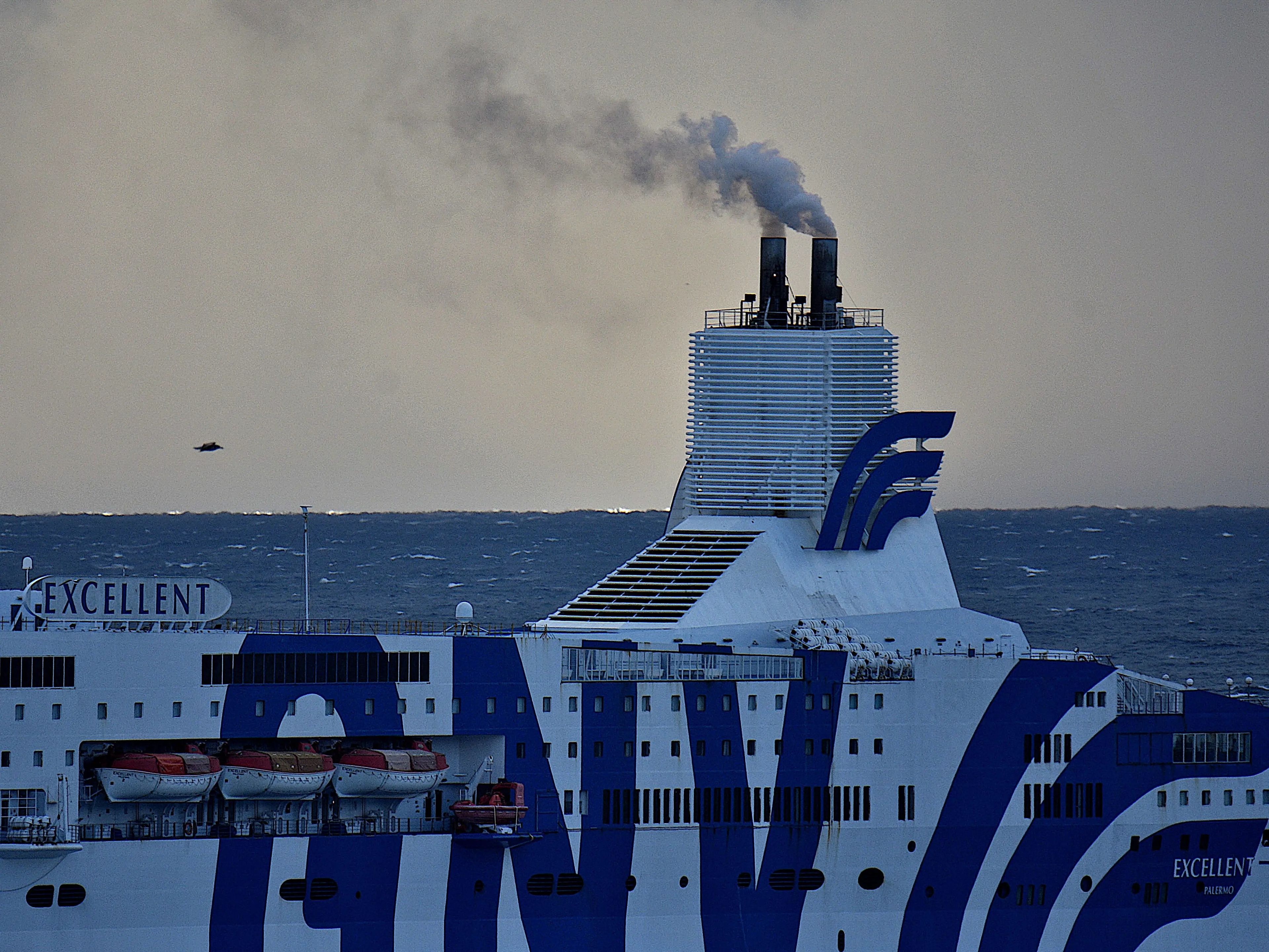Two plumes of dark-colored smoke being released from the top of a cruise ship.