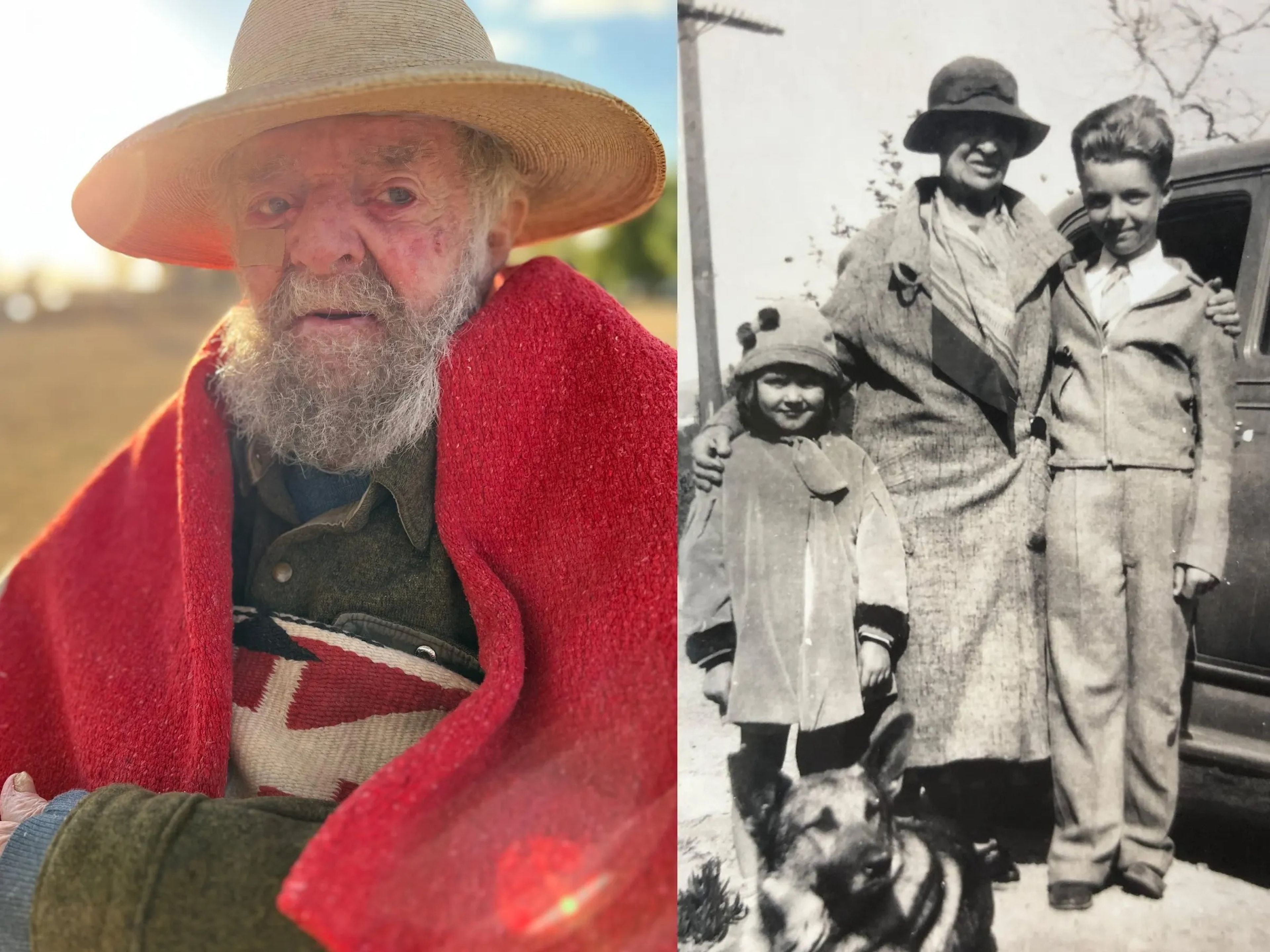 Uncle Jack in a straw hat and red blanket, alongside an old, black and white photo of Jack as a child, his mother, and a young family member 