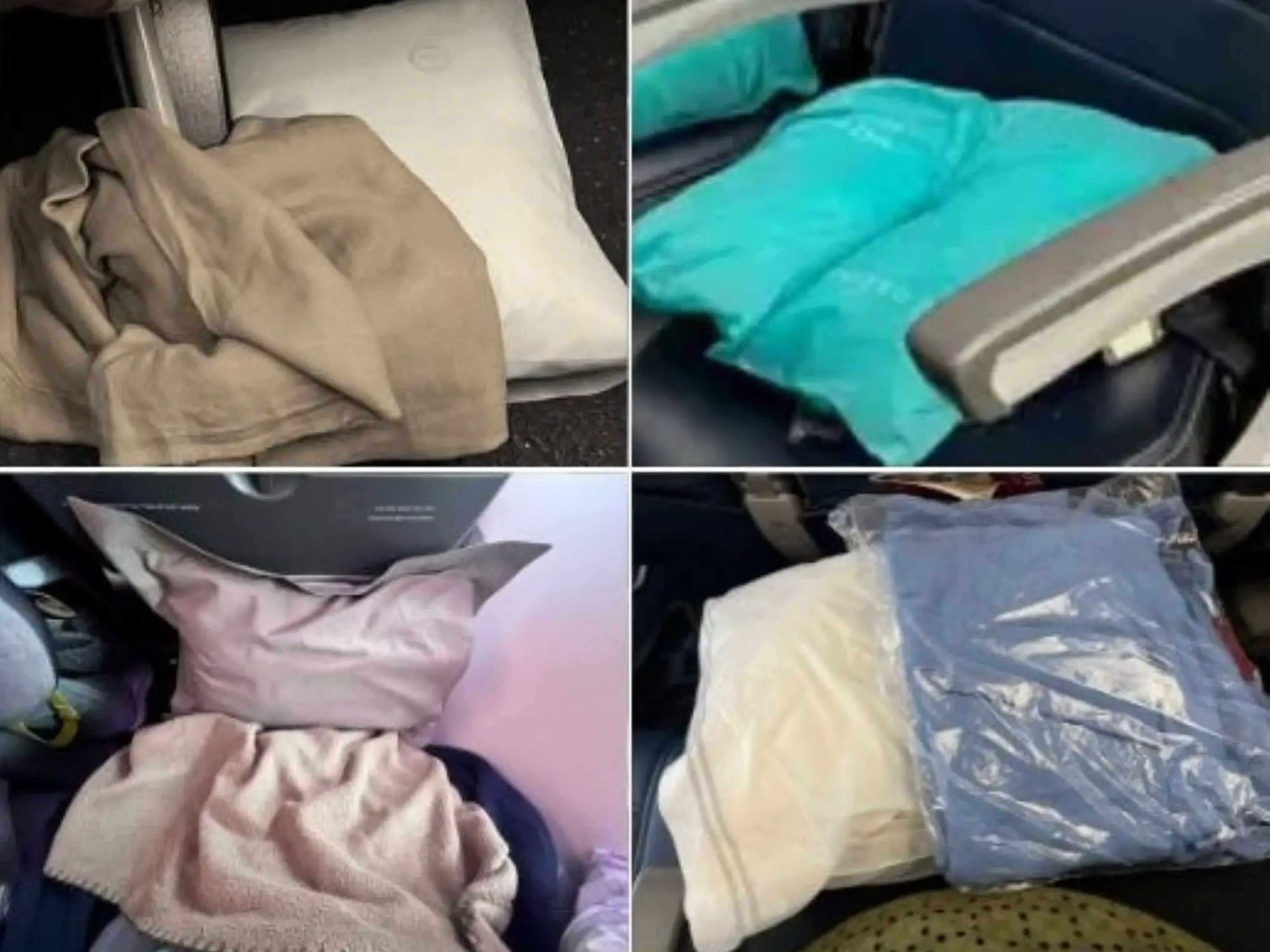 Las distintas almohadas y mantas de Korean Air (arriba a la izquierda), United Airlines (arriba a la derecha), Singapore Airlines (abajo a la izquierda) y Delta (abajo a la derecha).