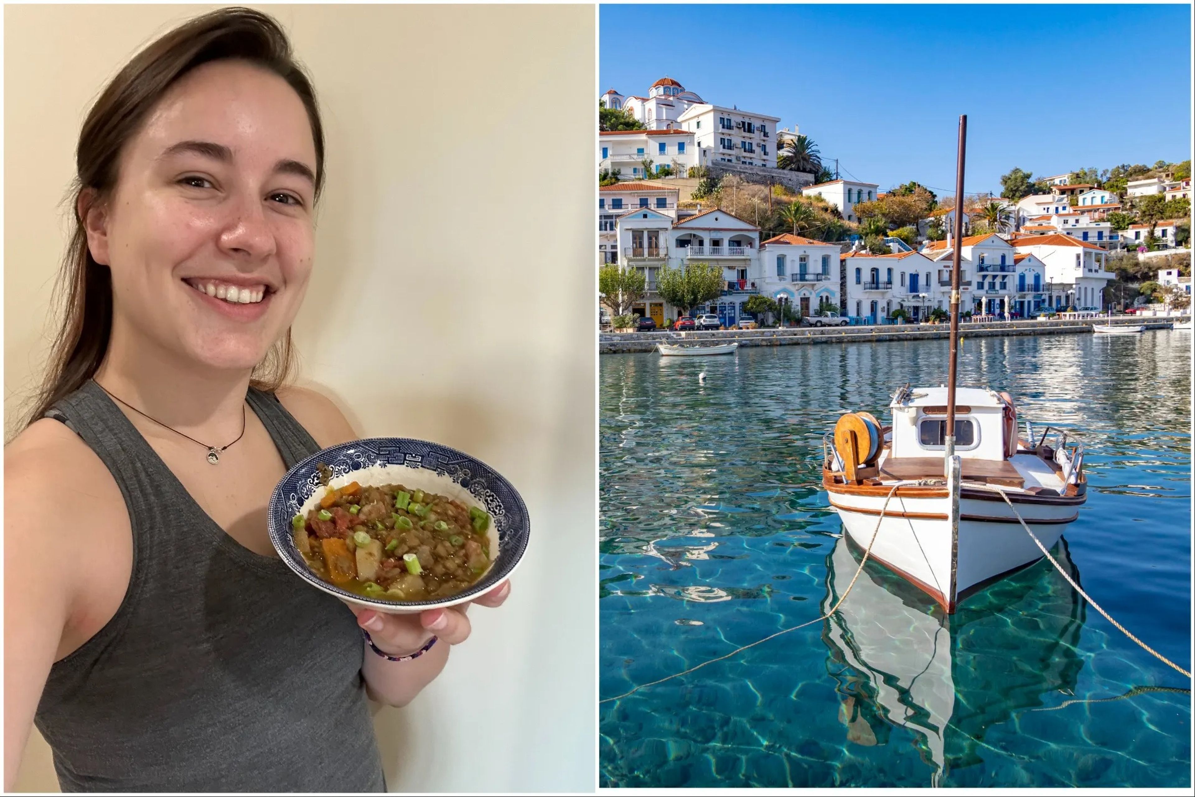 Author Kate Hull (left) is wearing a grey tank top and is holding a bowl of Blue Zones lentil soup she made. A white boat floats on clear water in Ikaria, Greece (right), white buildings are in the background.