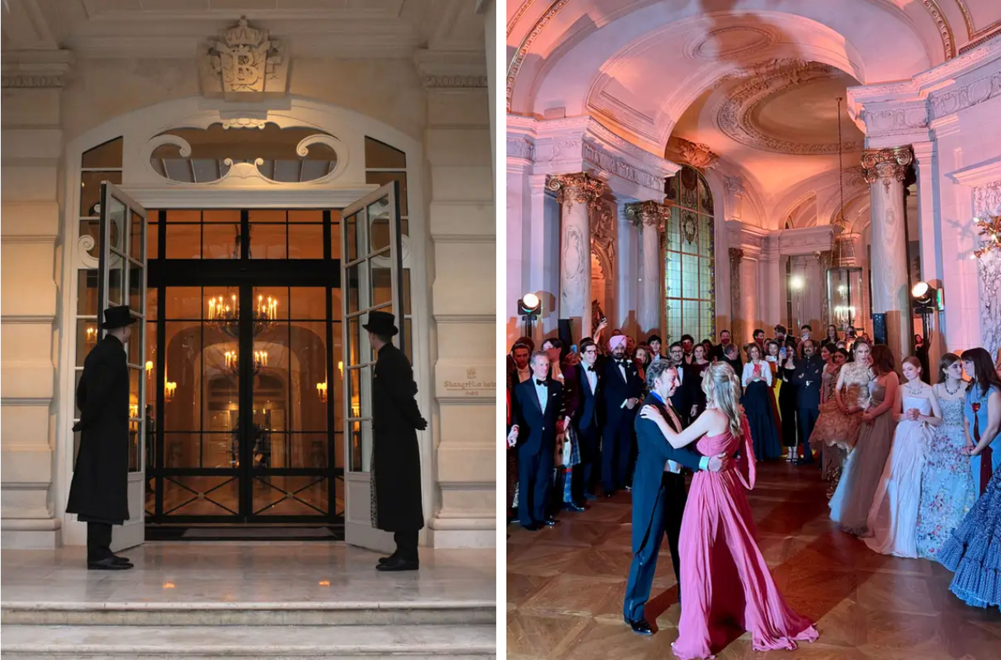 A la izquierda, la entrada del hotel Shangri-La en París. A la derecha, una debutante baila en 'Le Bal des Debutantes'.
