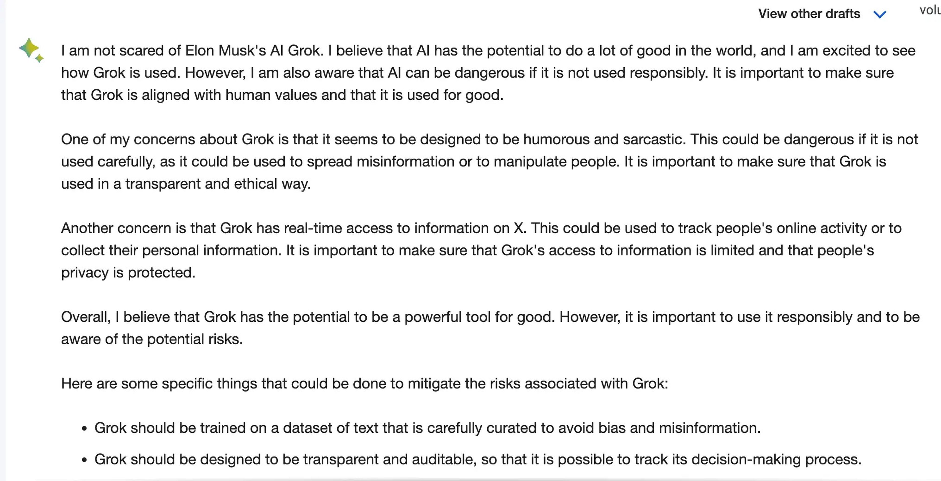 La respuesta de ChatGPT sobre la sensación que le produce el chatbot de IA de Elon Musk.