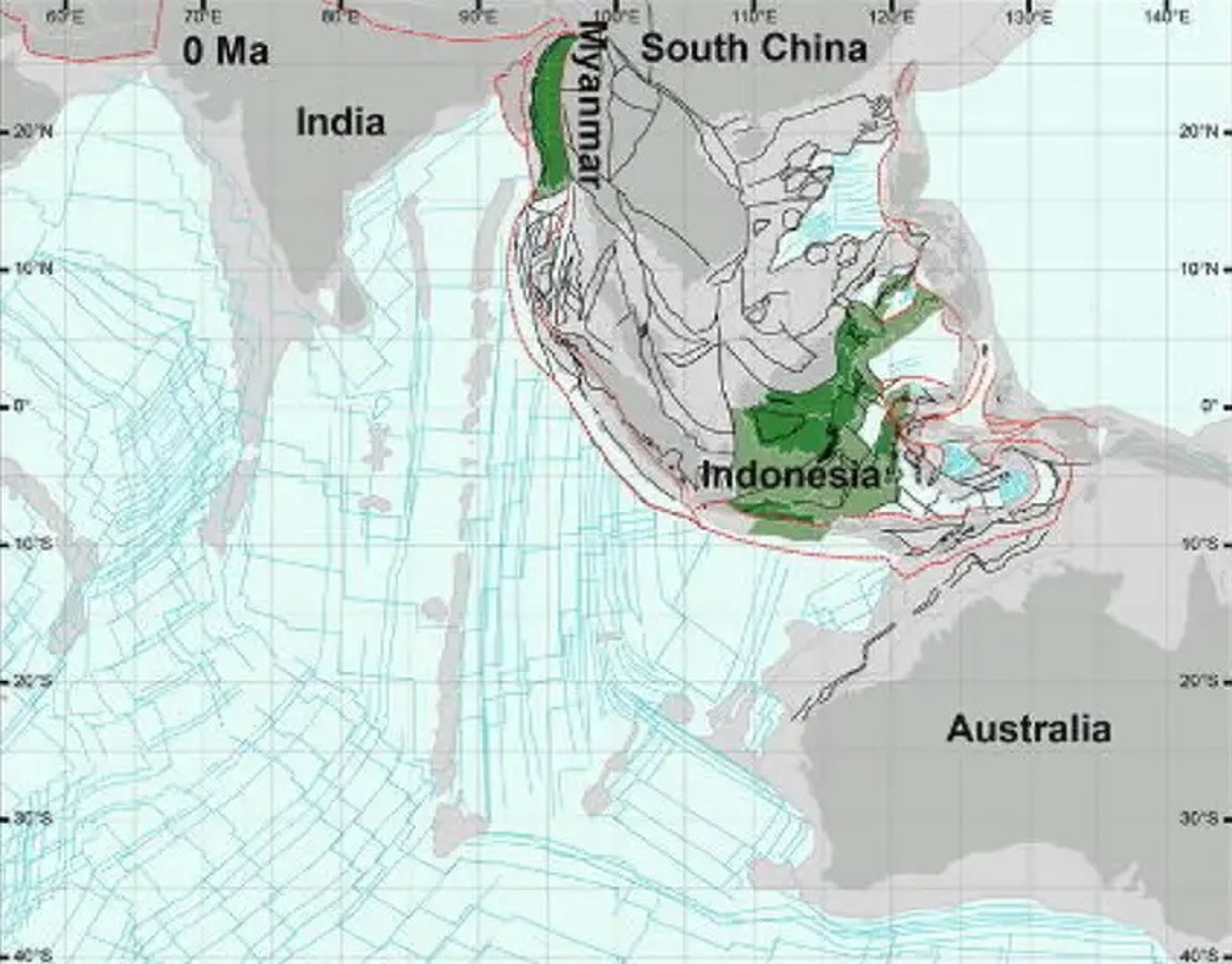 Este mapa muestra la ubicación de Argolandia en la actualidad. Los fragmentos de Argolandia, en verde, se han desplazado principalmente hacia el este de Indonesia, mientras que algunos han emigrado hacia Myanmar.