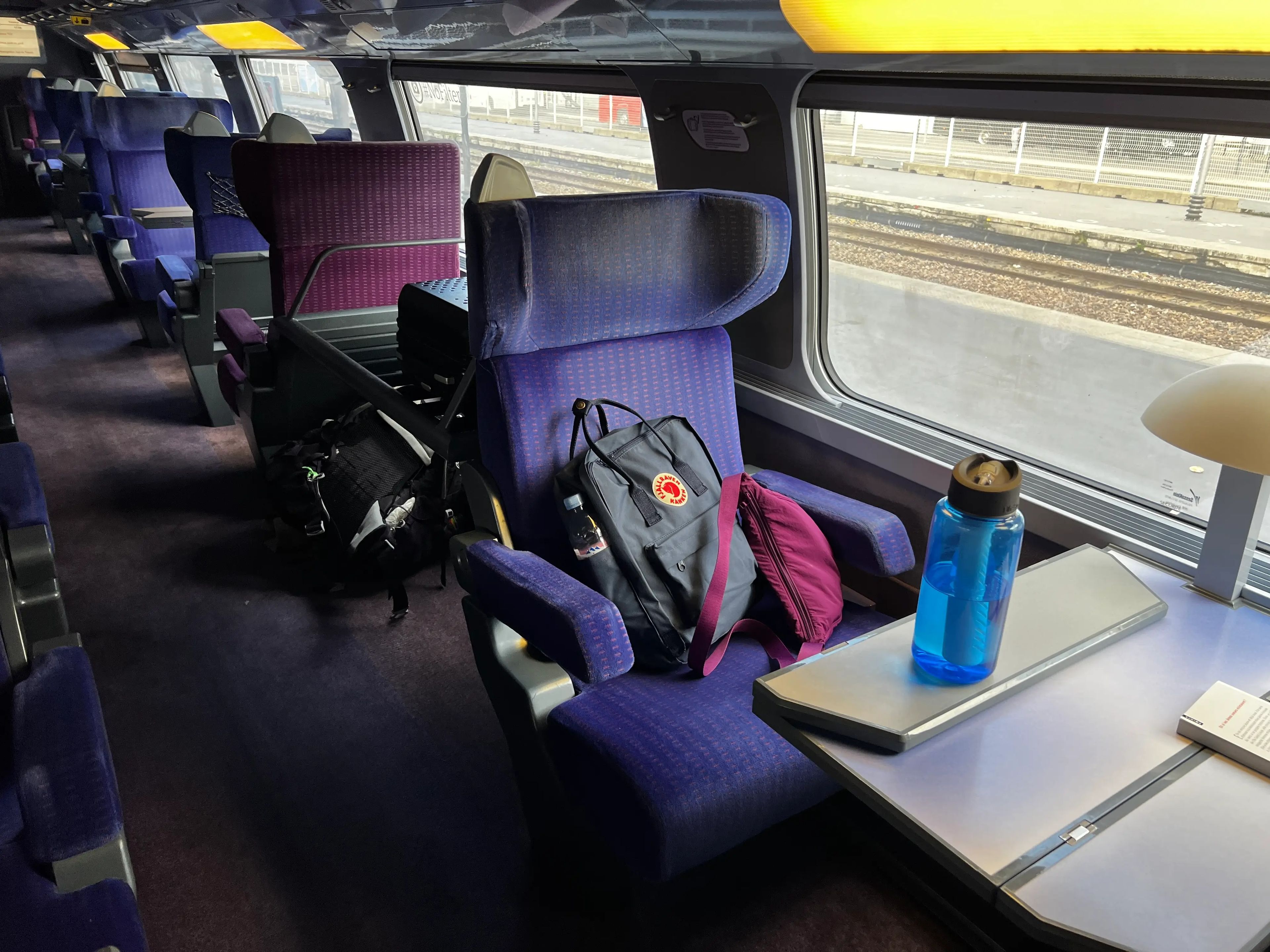 First-class seat on a train from Paris to Barcelona.
