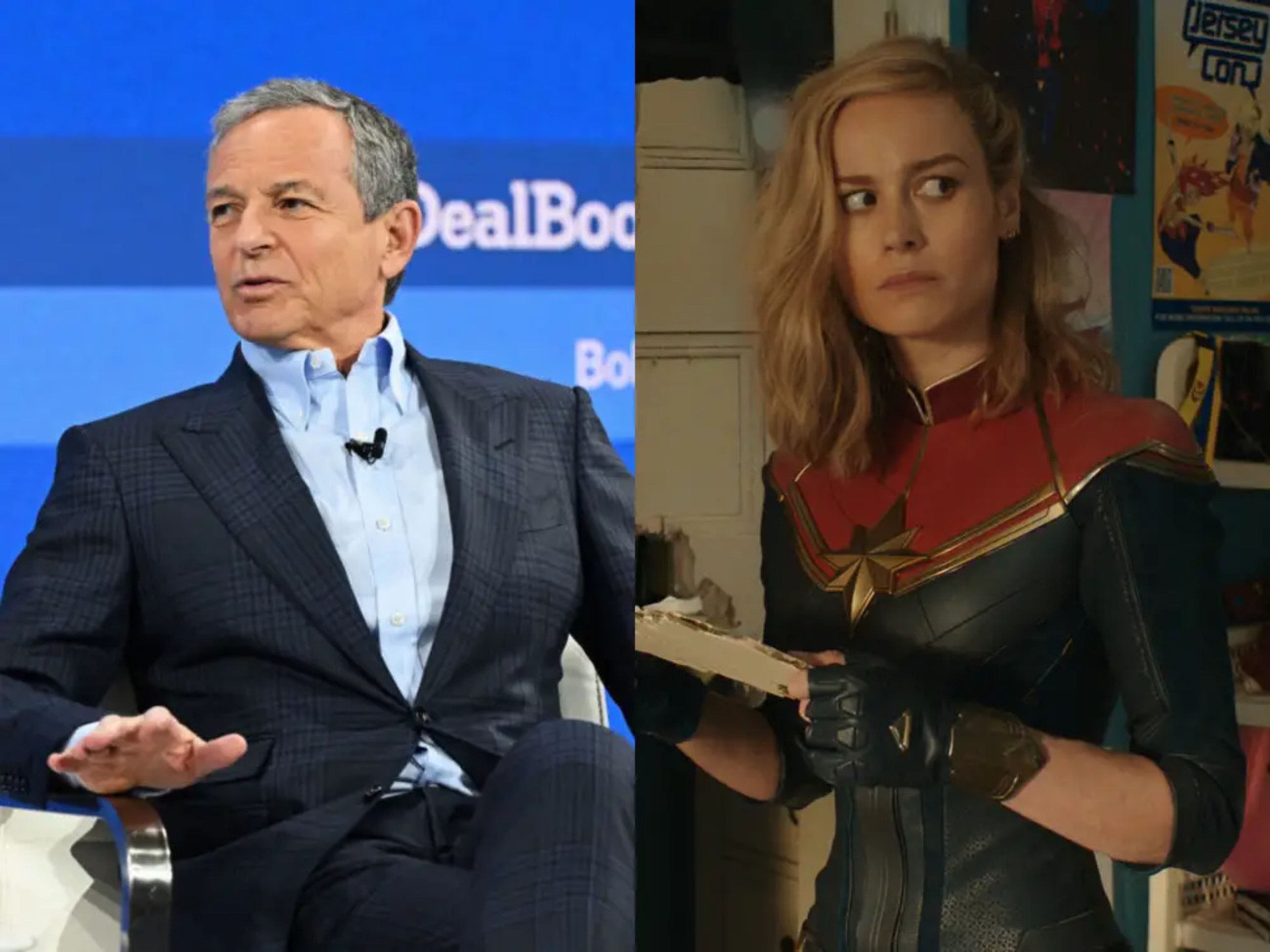 El consejero delegado de Disney, Bob Iger (izquierda), y Brie Larson, actriz protagonista del reciente estreno de Disney, The Marvels.