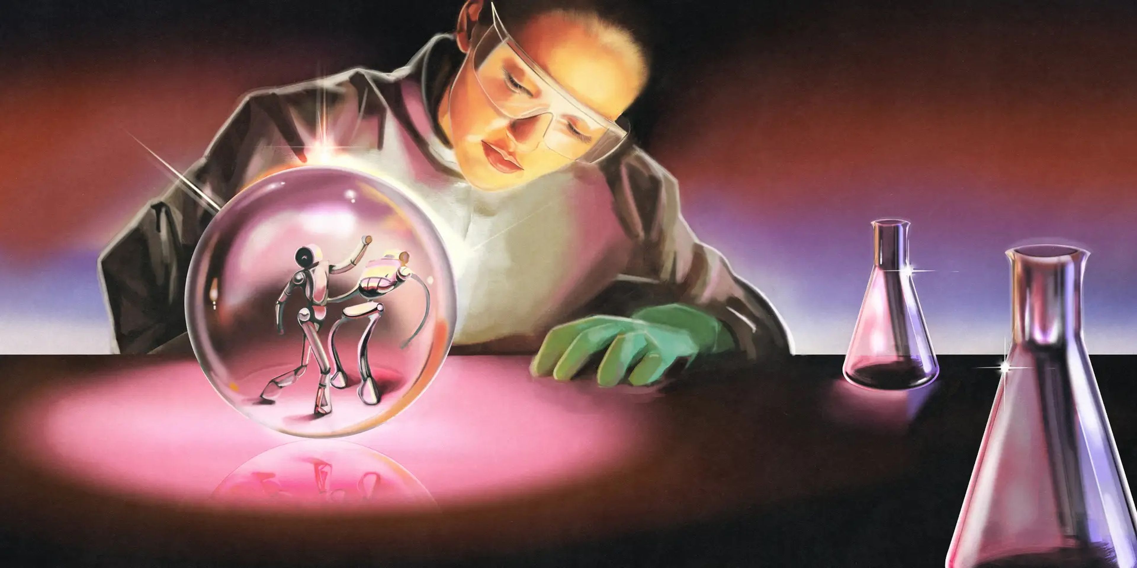 Ilustración de una científica observando la pelea de dos bots de inteligencia artificial.
