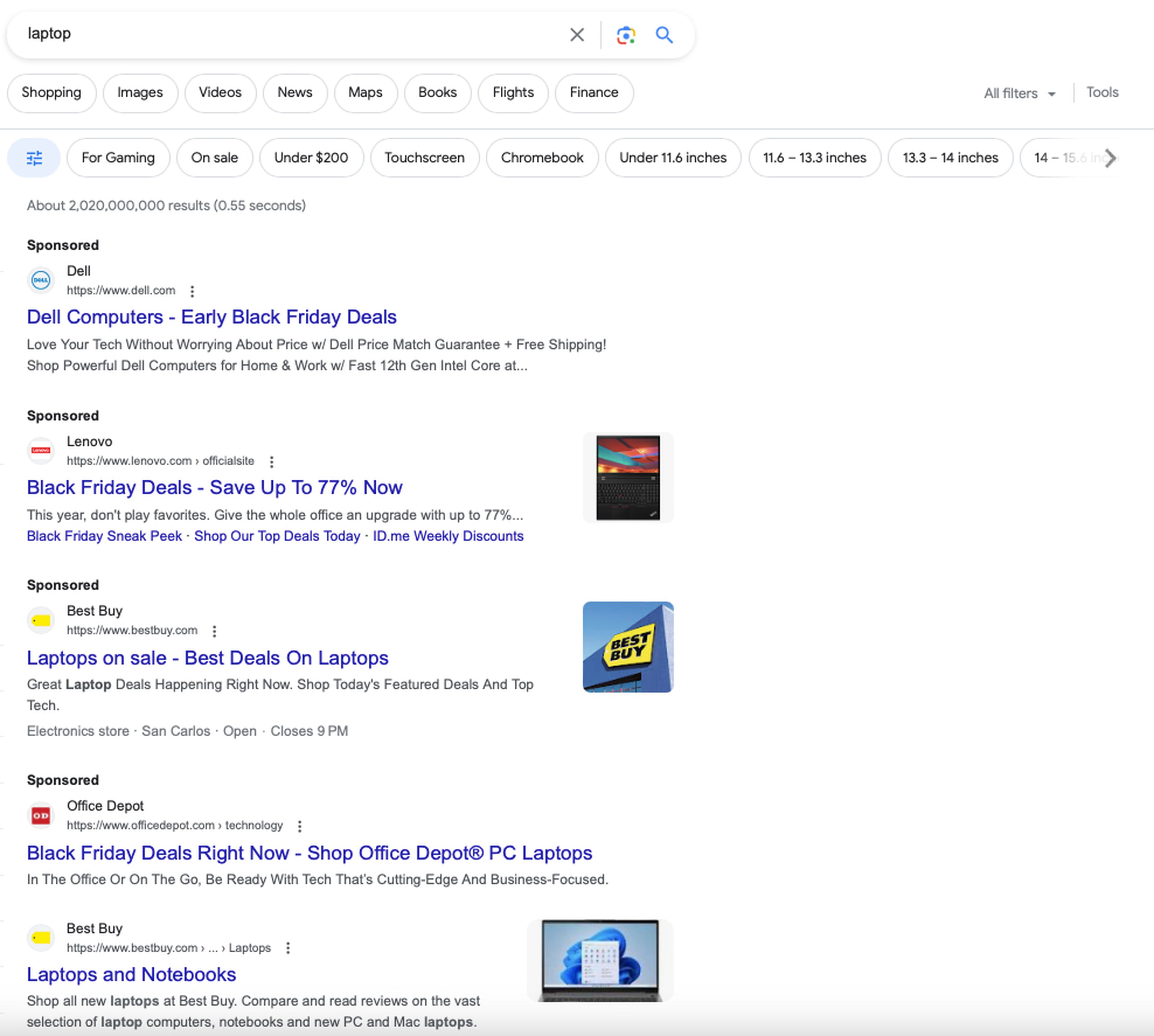 Una página de búsqueda de Google mostrando resultados para "portátil".