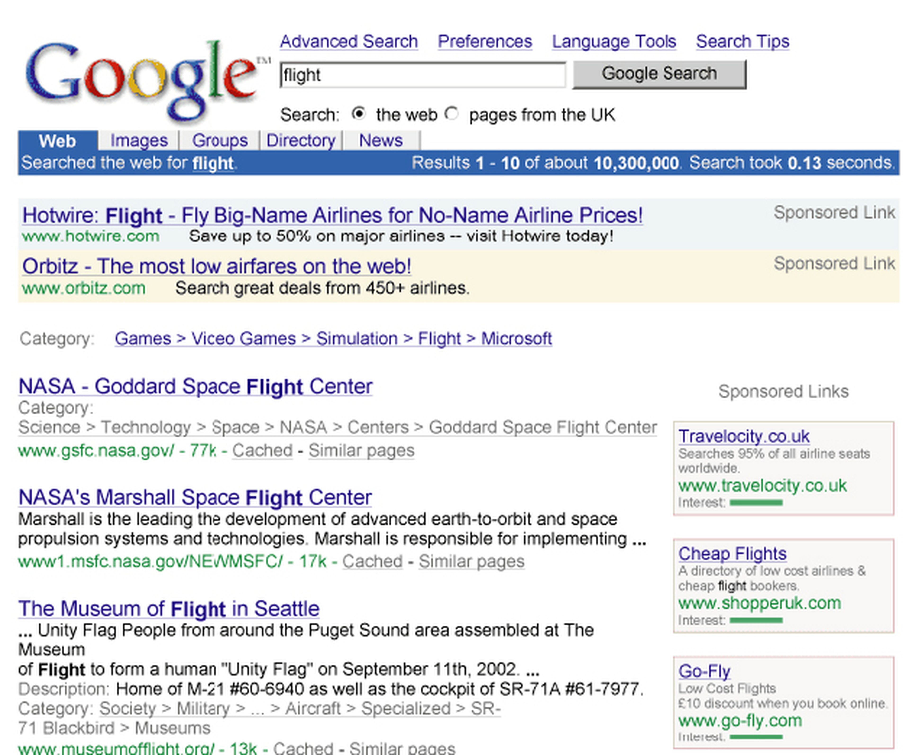 Una página de resultados de búsqueda en Google de 2002.