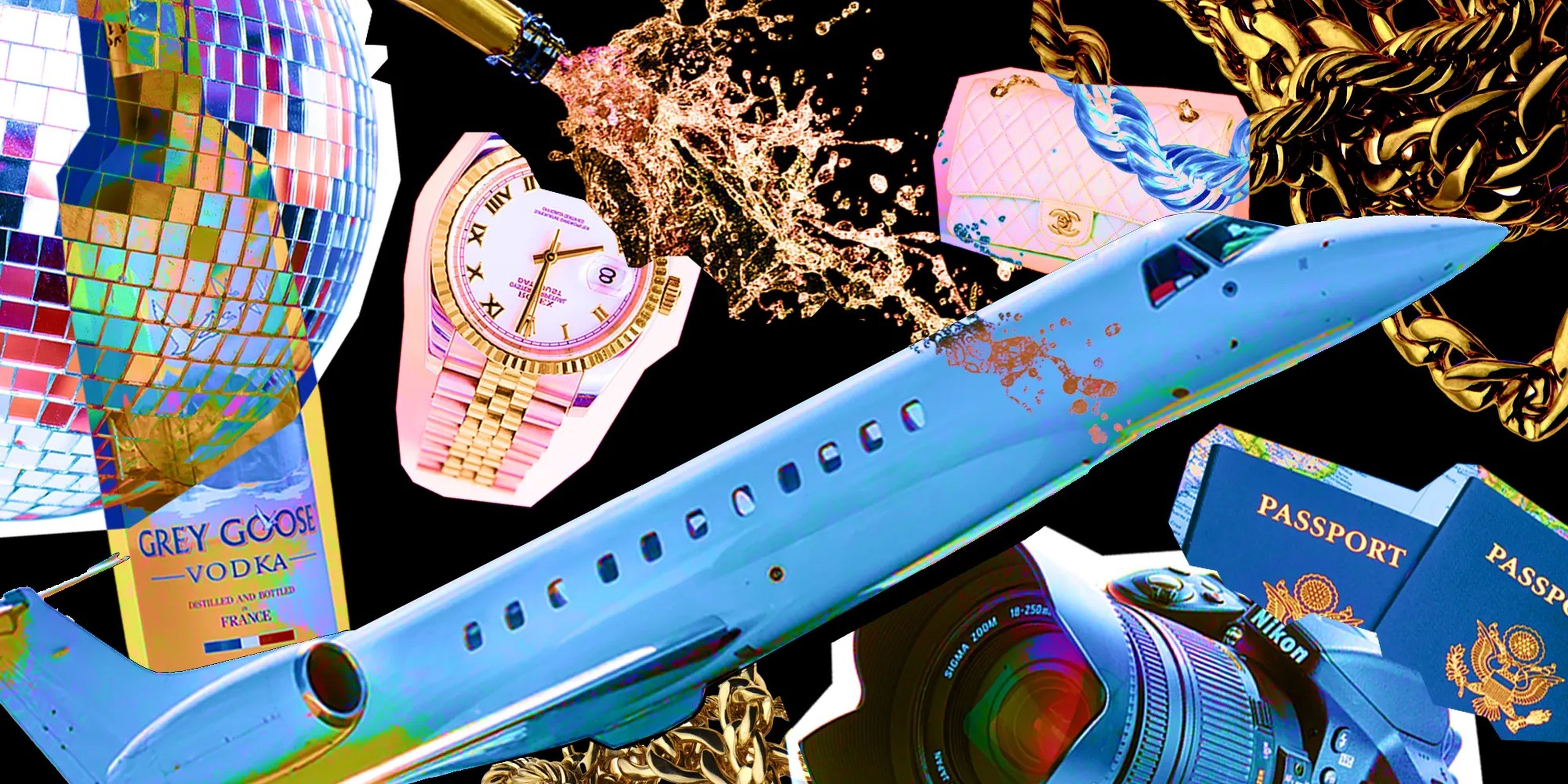 A plane, chanel purse, Rolex, gold chain, and other luxury items are displayed together