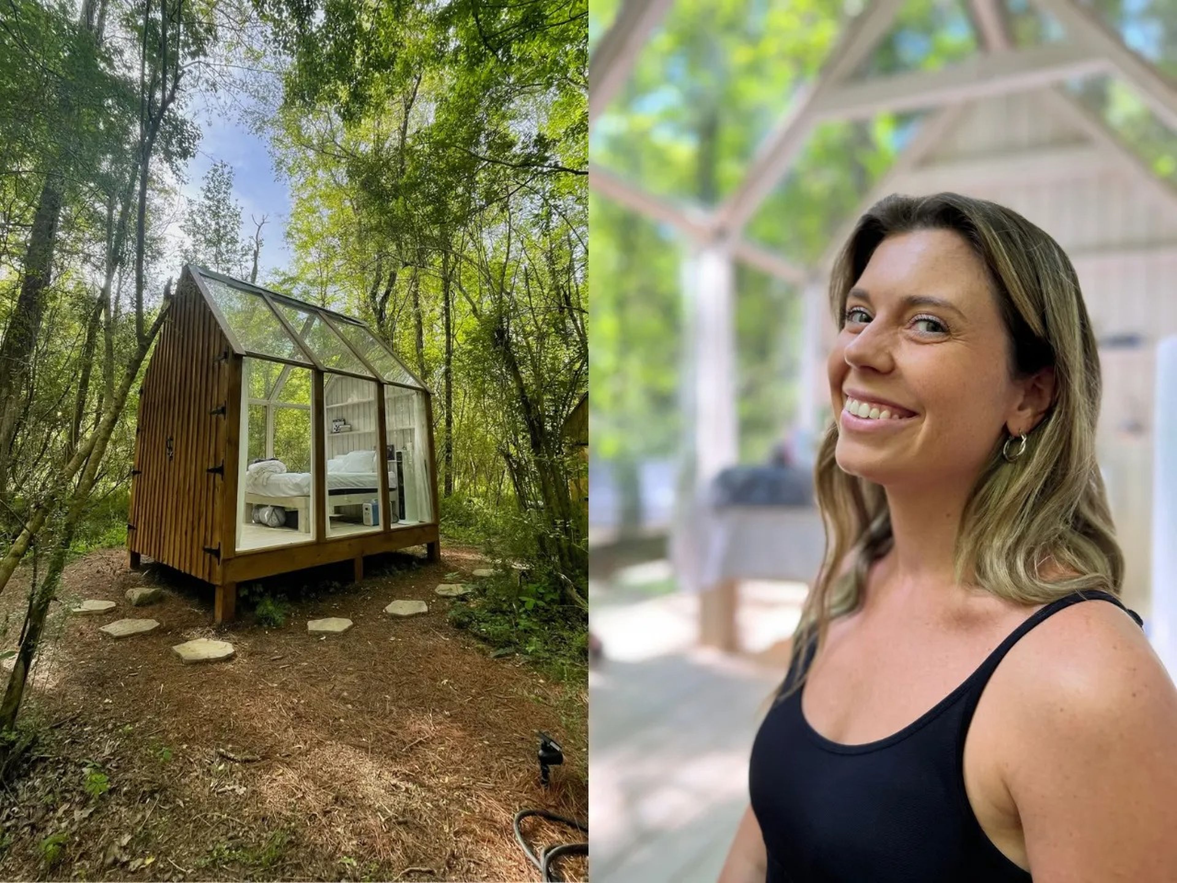 Side-by-side photos of a tiny glass house Airbnb and its owner, Rachel Boice.