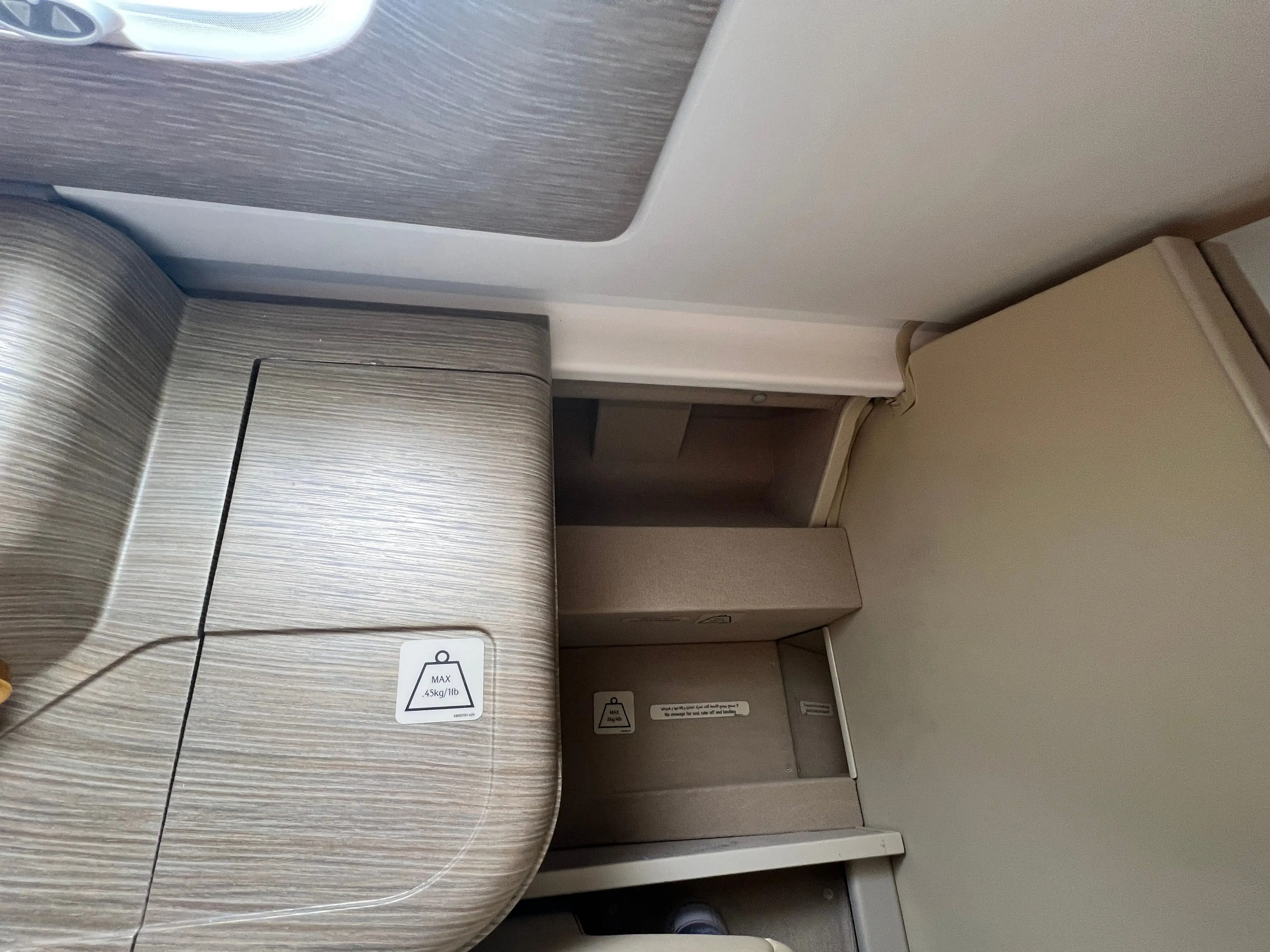 Stowage space in the back corner of an Emirates A380 first class suite