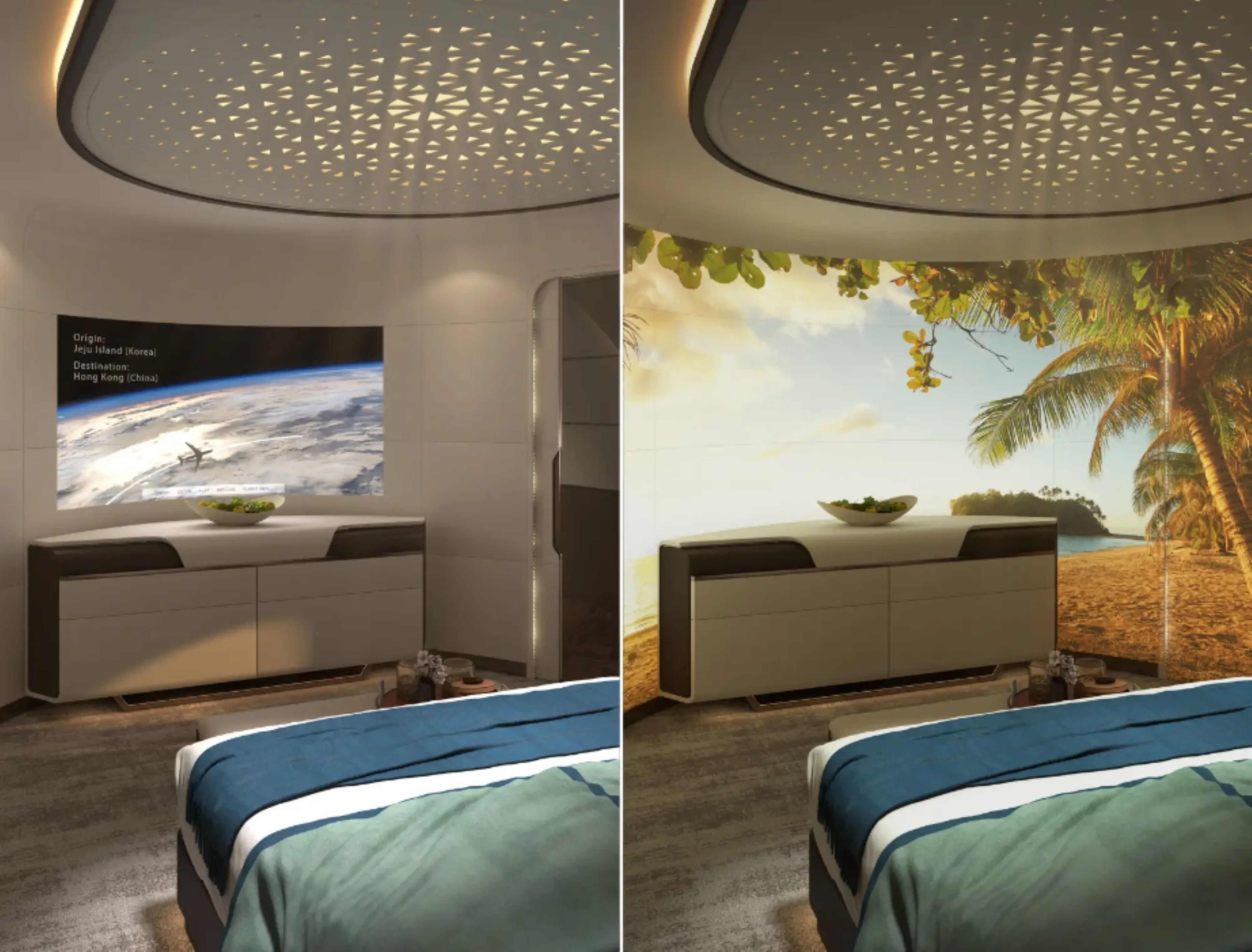 Los pasajeros disponen de opciones como una televisión o una obra de arte digital de 180 grados en la curva de la pared del dormitorio.