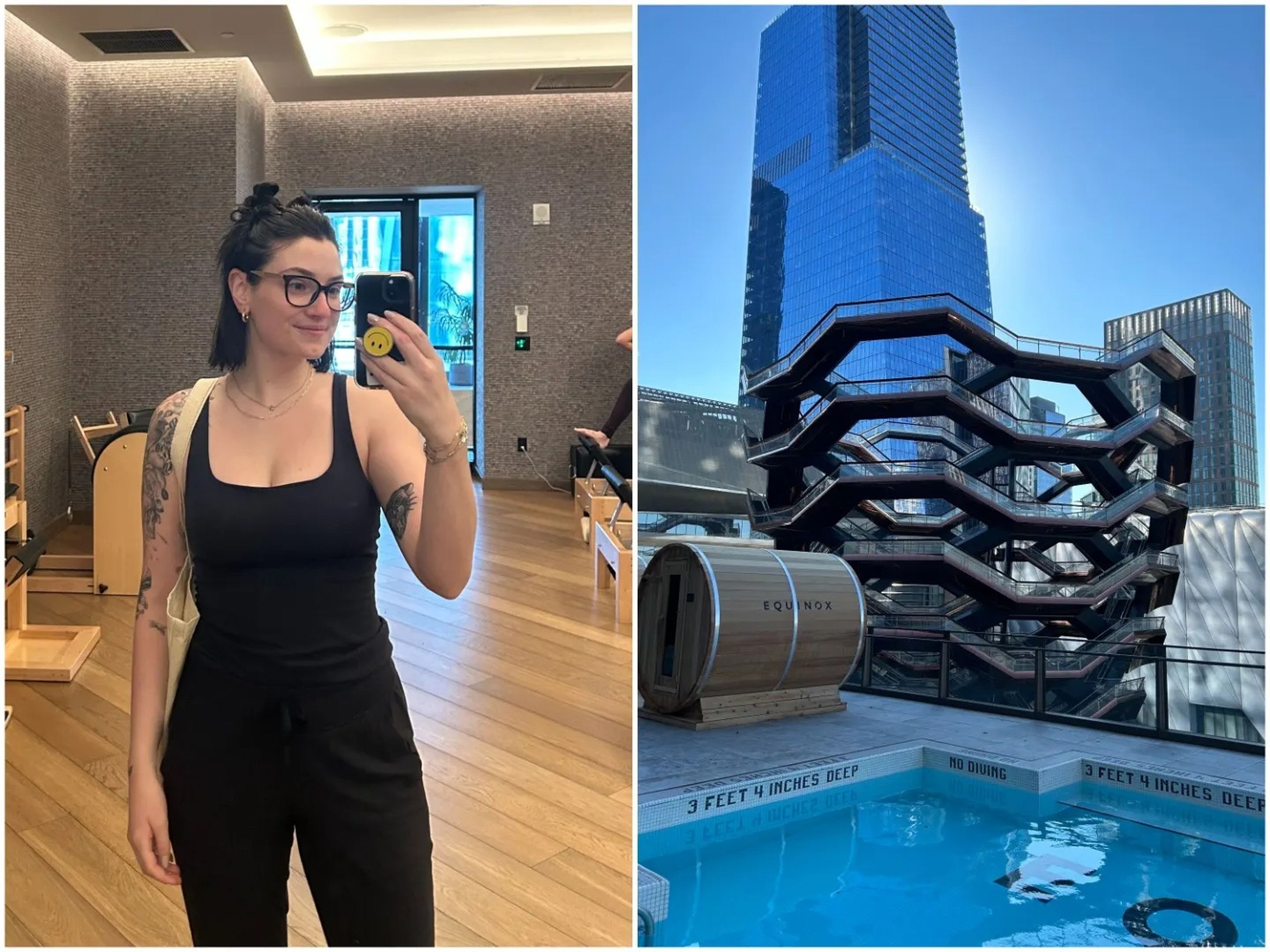 The author at a private pilates class at the Equinox Hotel (left); the hotel's outdoor pool and sauna (right).