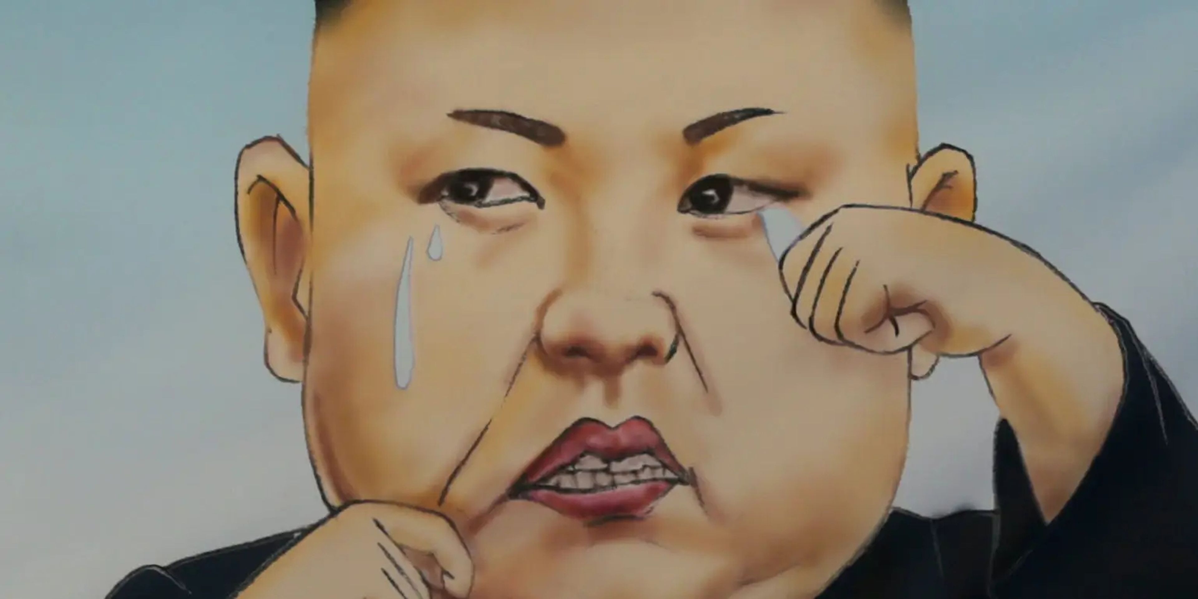 Una caricatura del líder norcoreano Kim Jong Un llorando en el centro de Seúl