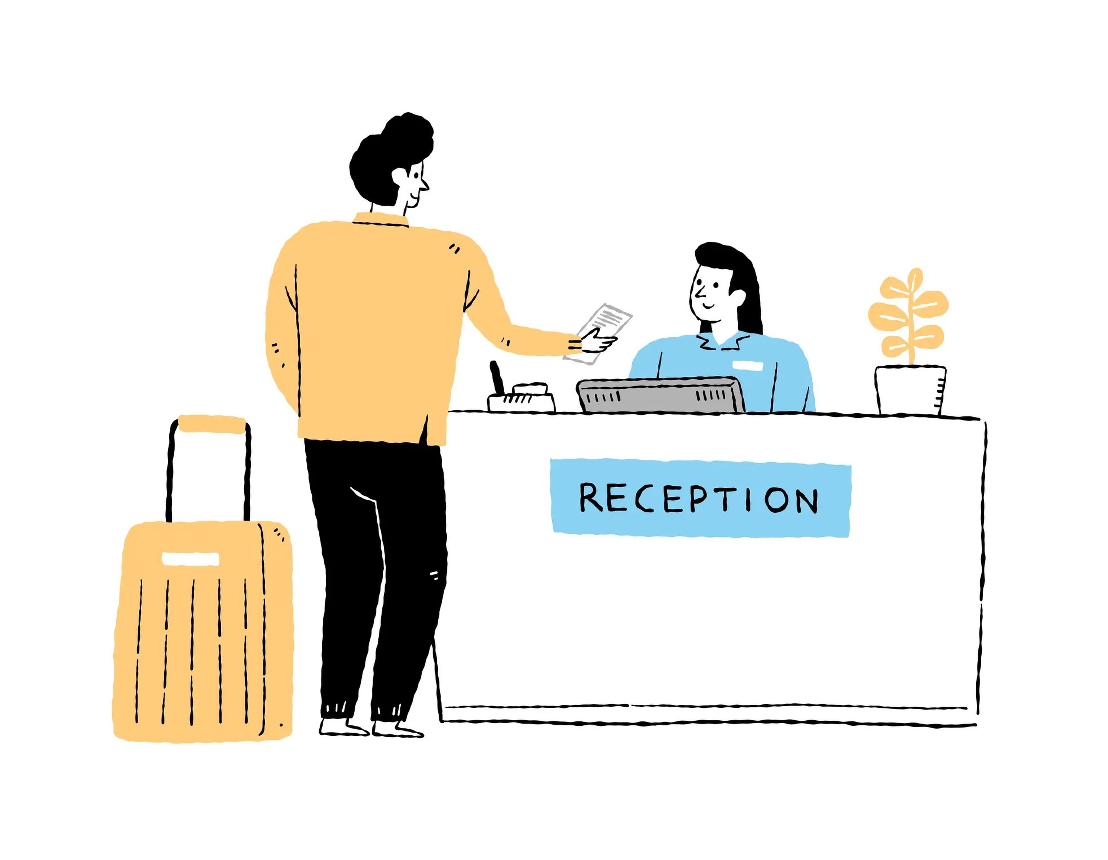 Cartoon of a man at a hotel check-in desk