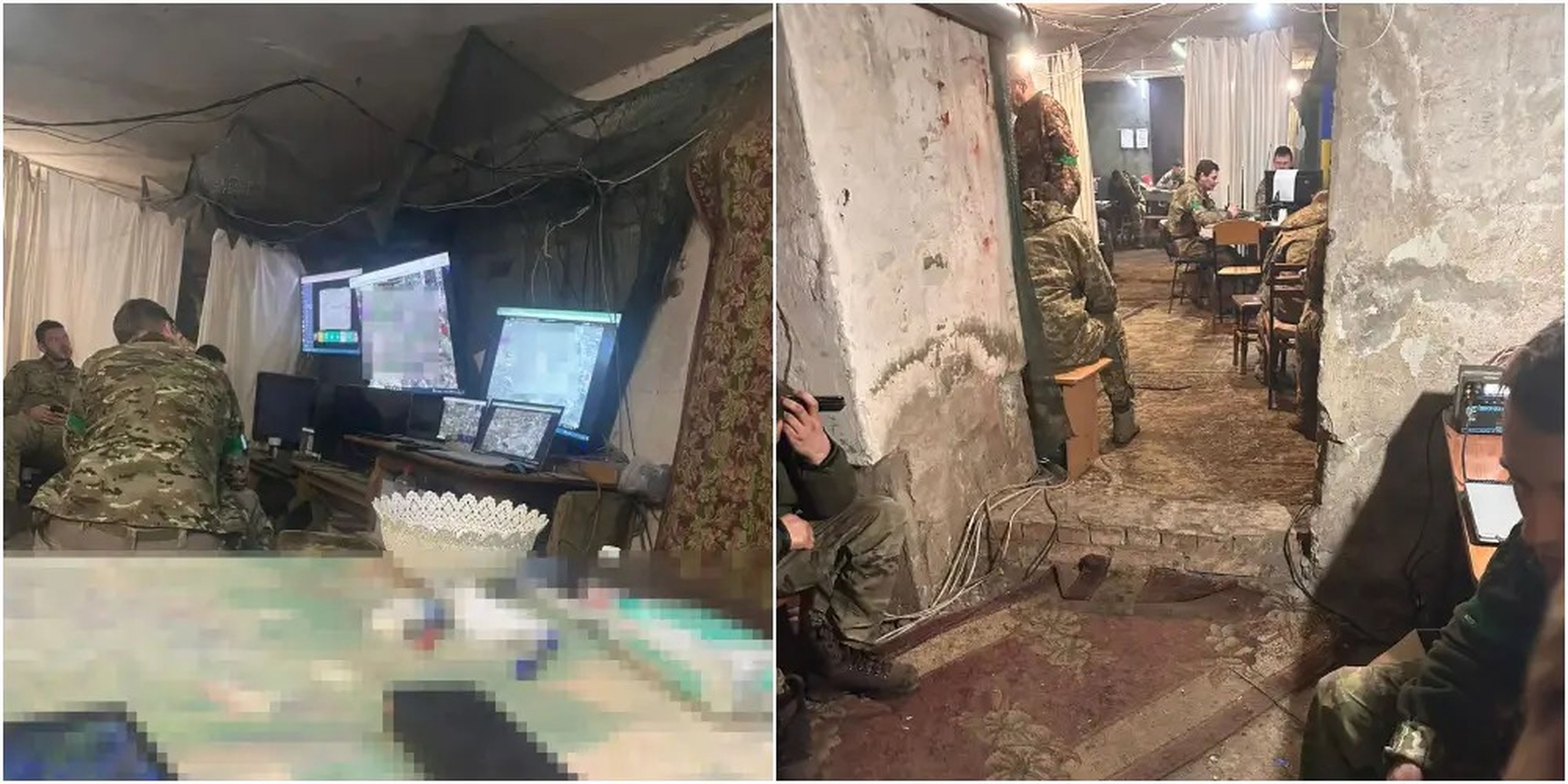 Dos vistas del puesto de mando de Yuriy Stetskiv en el sótano de Bajmut. Los mapas se han desenfocado a petición de Stetskiv. 